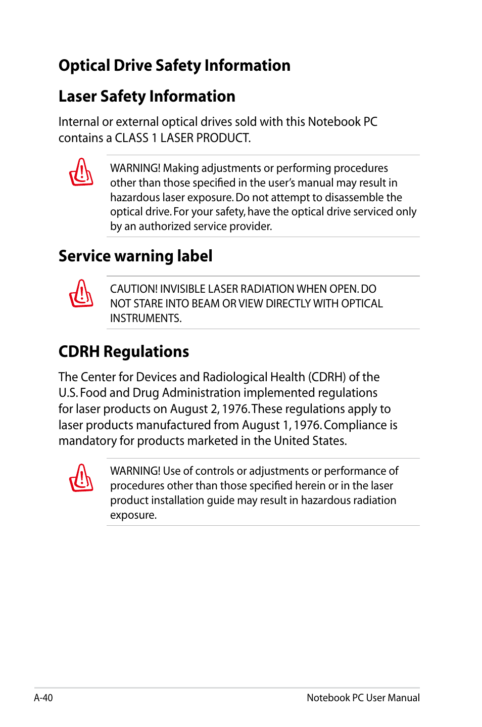 Optical drive safety information, Laser safety information, Service warning label | Cdrh regulations | Asus G75VX User Manual | Page 118 / 126