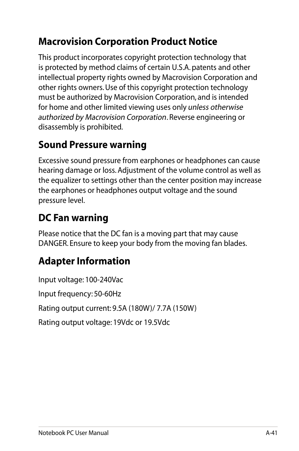 Macrovision corporation product notice, Sound pressure warning, Dc fan warning | Adapter information | Asus G75VX User Manual | Page 119 / 126