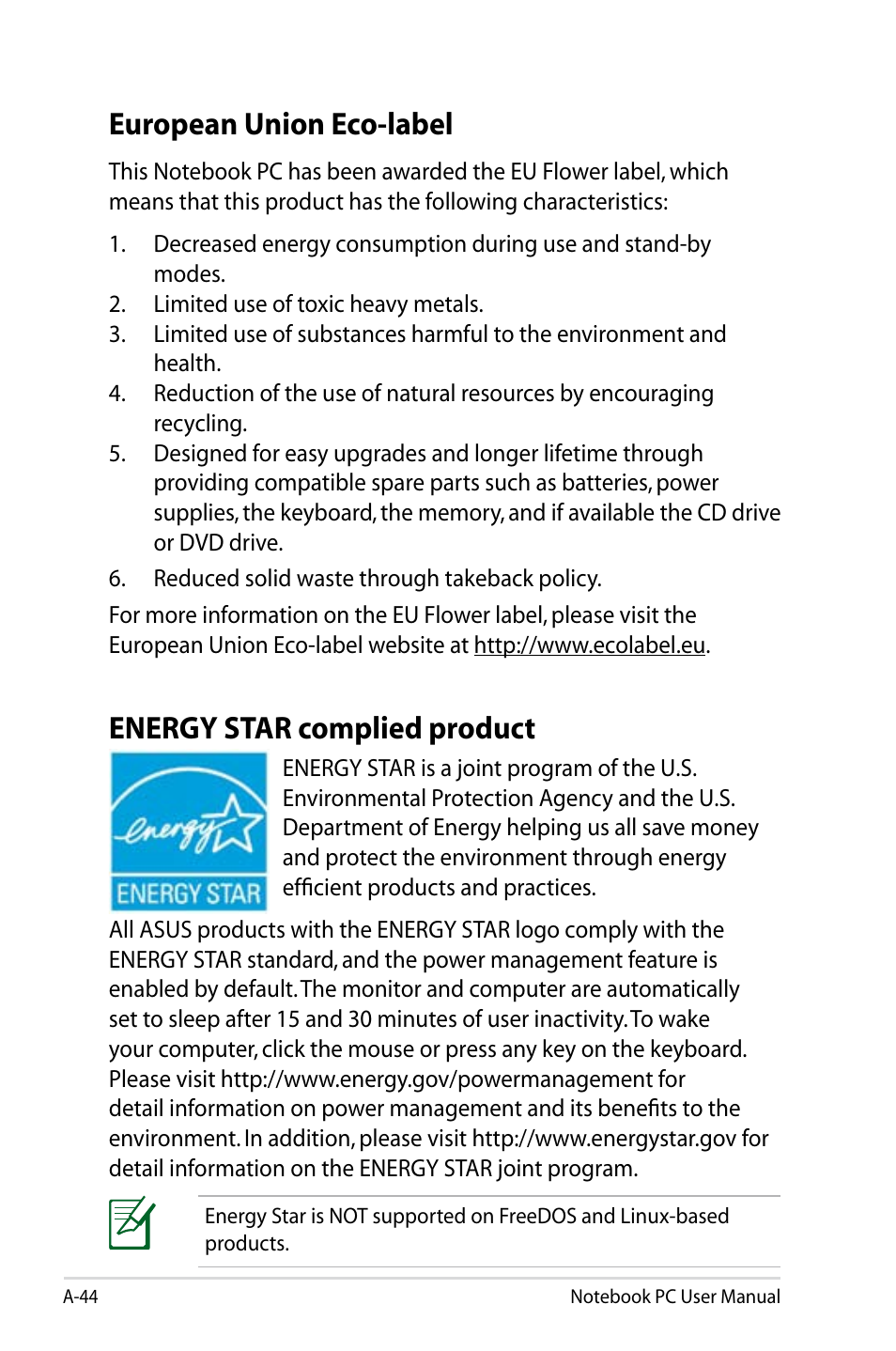 European union eco-label, Energy star complied product | Asus G75VX User Manual | Page 122 / 126
