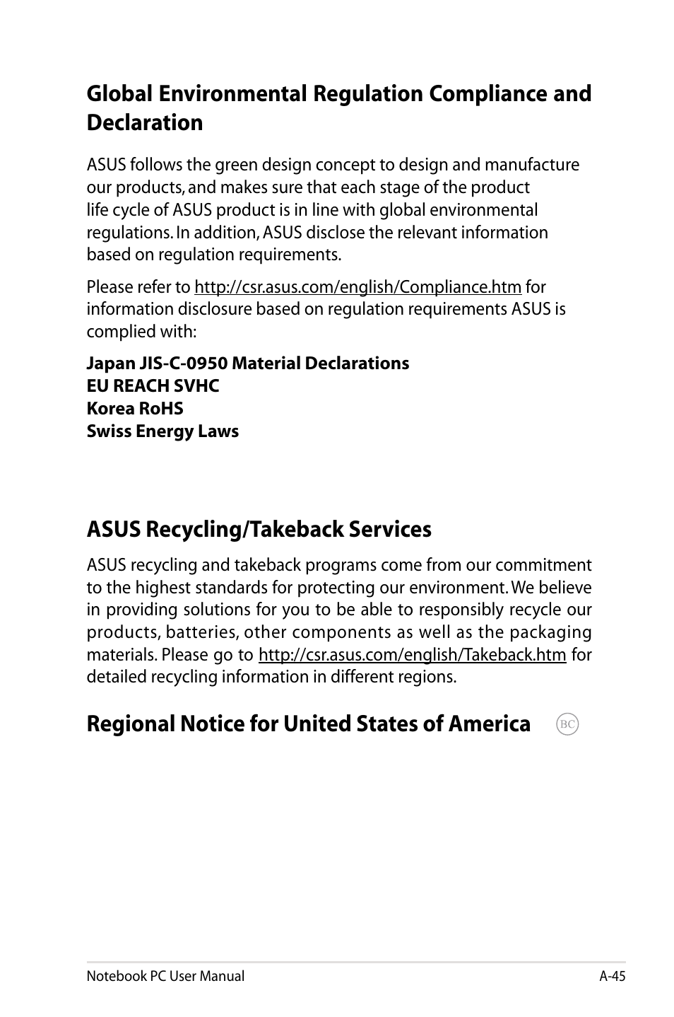 Asus recycling/takeback services, Regional notice for united states of america | Asus G75VX User Manual | Page 123 / 126