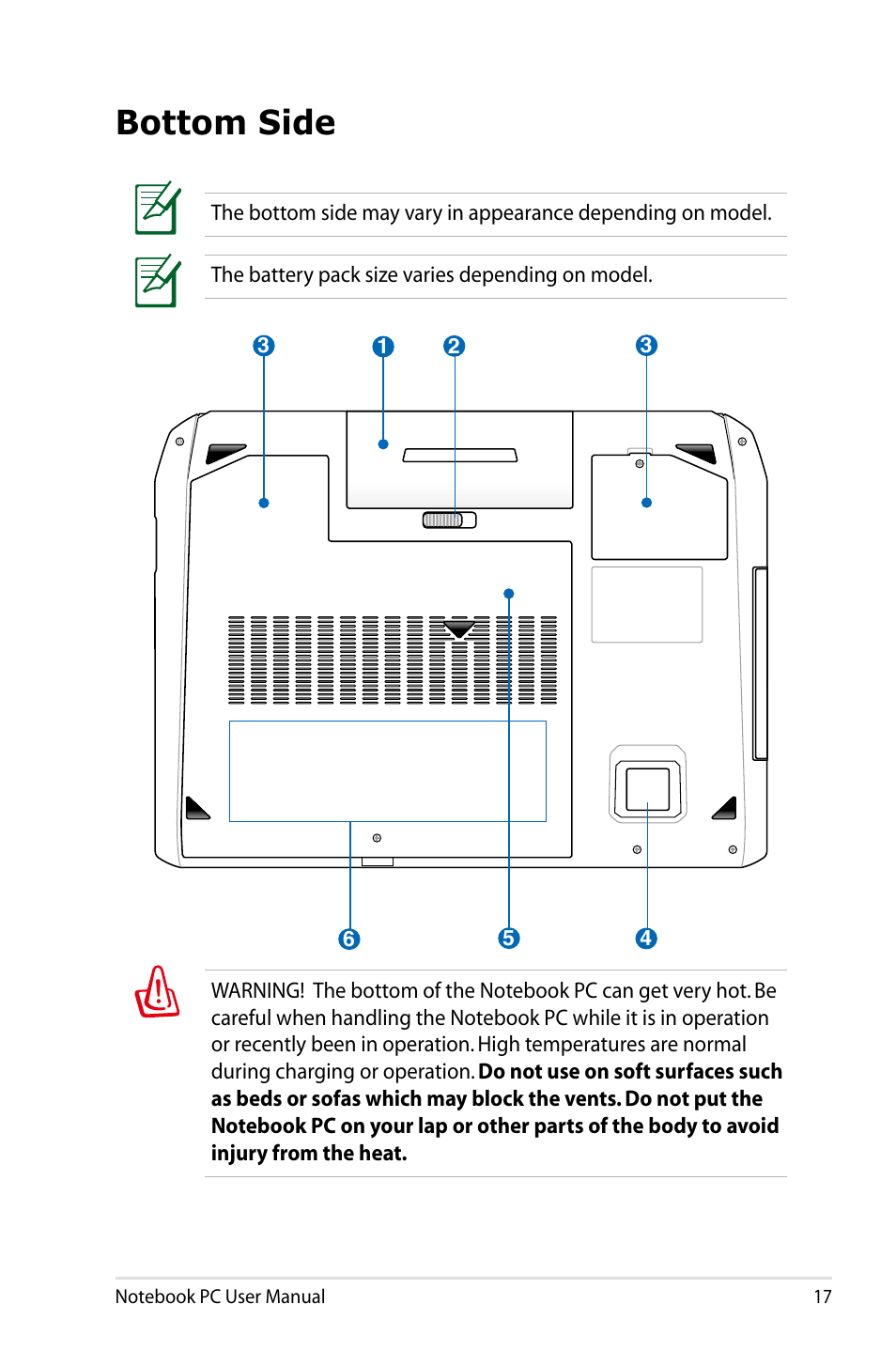 Bottom side | Asus G75VX User Manual | Page 17 / 126