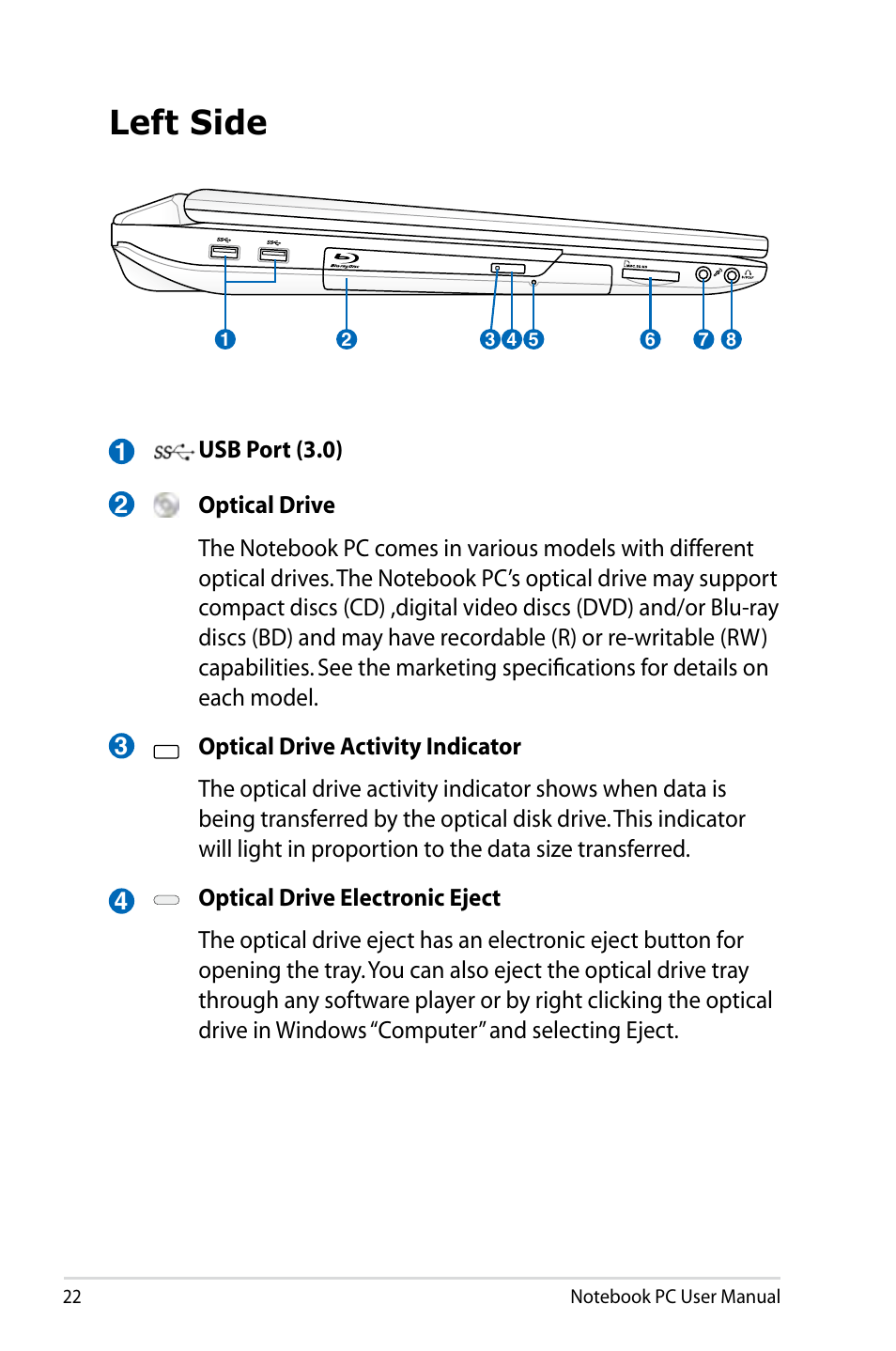 Left side | Asus G75VX User Manual | Page 22 / 126