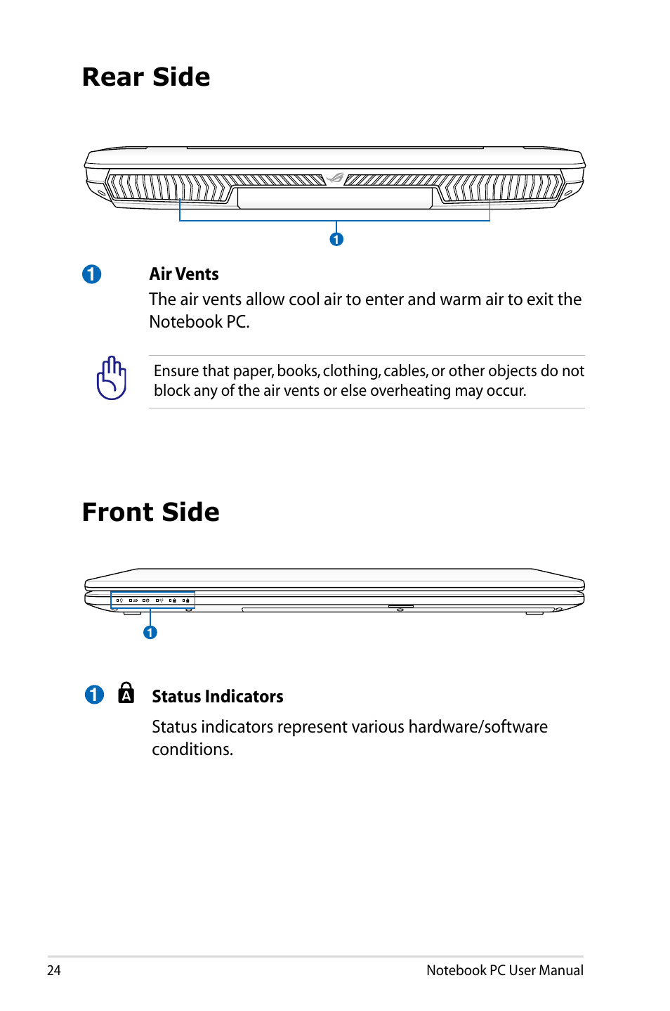 Rear side, Front side, Rear side front side | Asus G75VX User Manual | Page 24 / 126