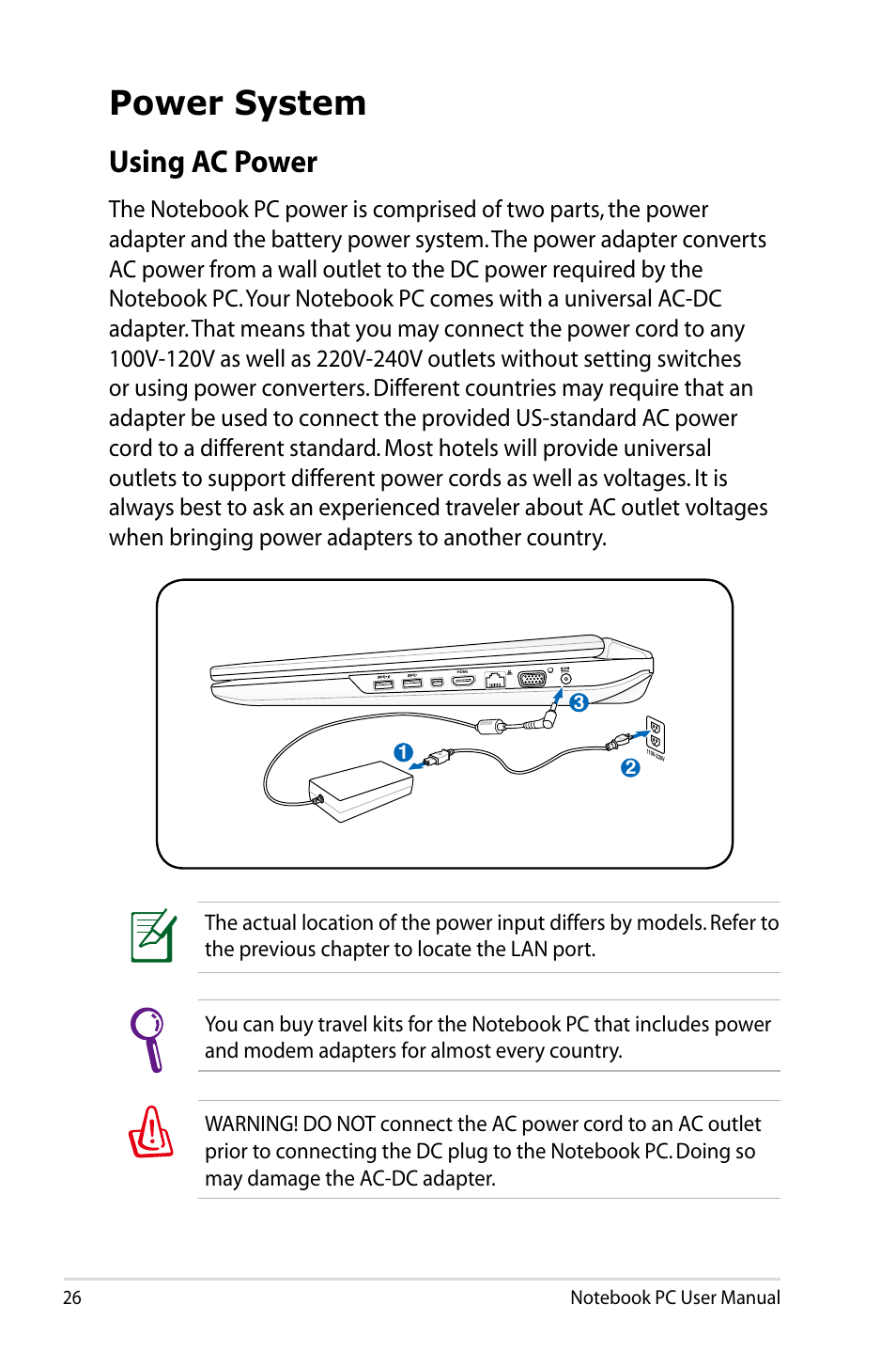 Power system, Using ac power | Asus G75VX User Manual | Page 26 / 126