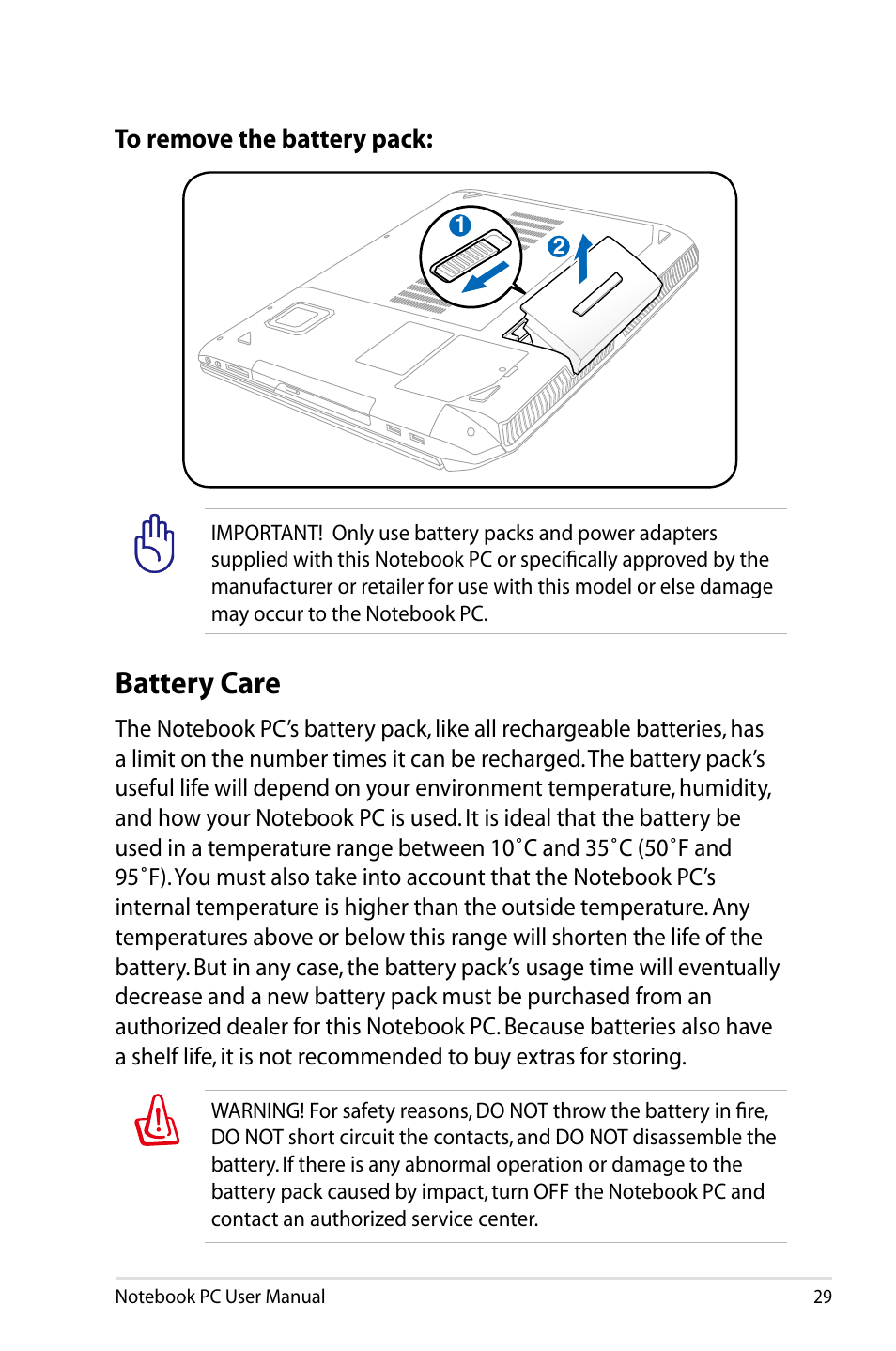 Battery care | Asus G75VX User Manual | Page 29 / 126