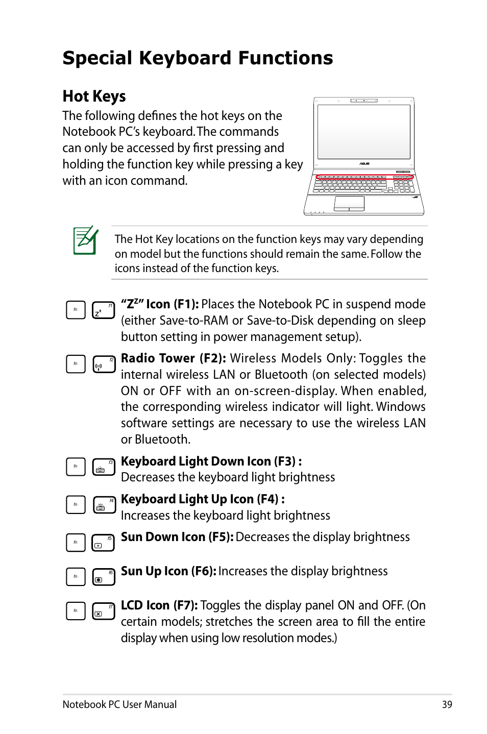 Special keyboard functions, Hot keys, Sun up icon (f6): increases the display brightness | Asus G75VX User Manual | Page 39 / 126