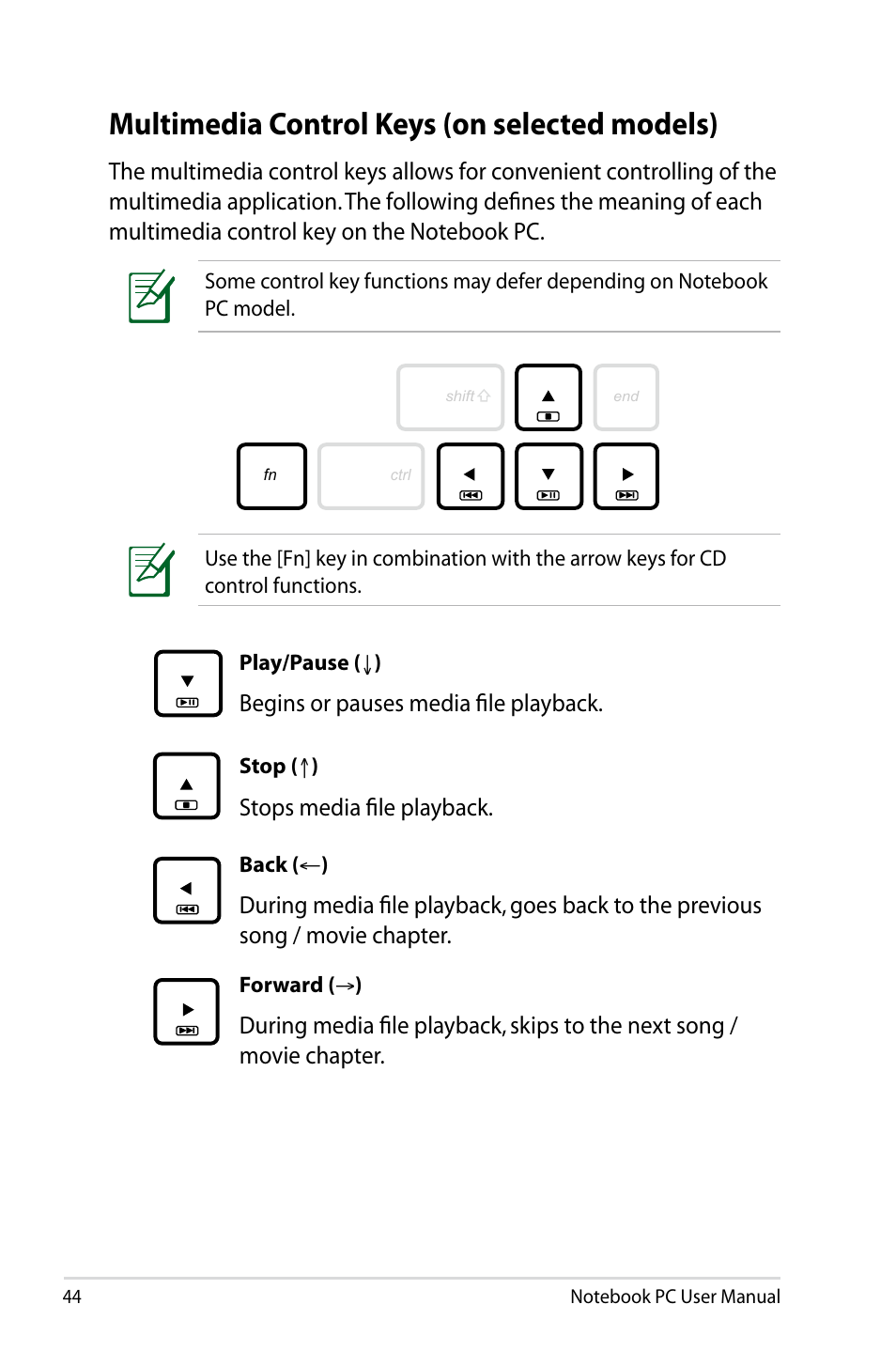 Multimedia control keys (on selected models), Begins or pauses media file playback, Stops media file playback | Play/pause ( ↓ ), Stop ( ↑ ), Back ( ← ), Forward ( → ) | Asus G75VX User Manual | Page 44 / 126
