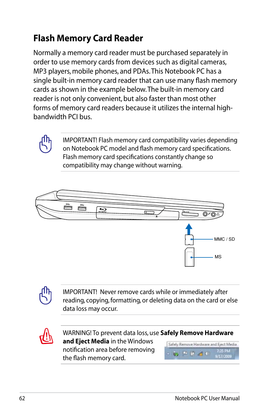 Flash memory card reader | Asus G75VX User Manual | Page 62 / 126