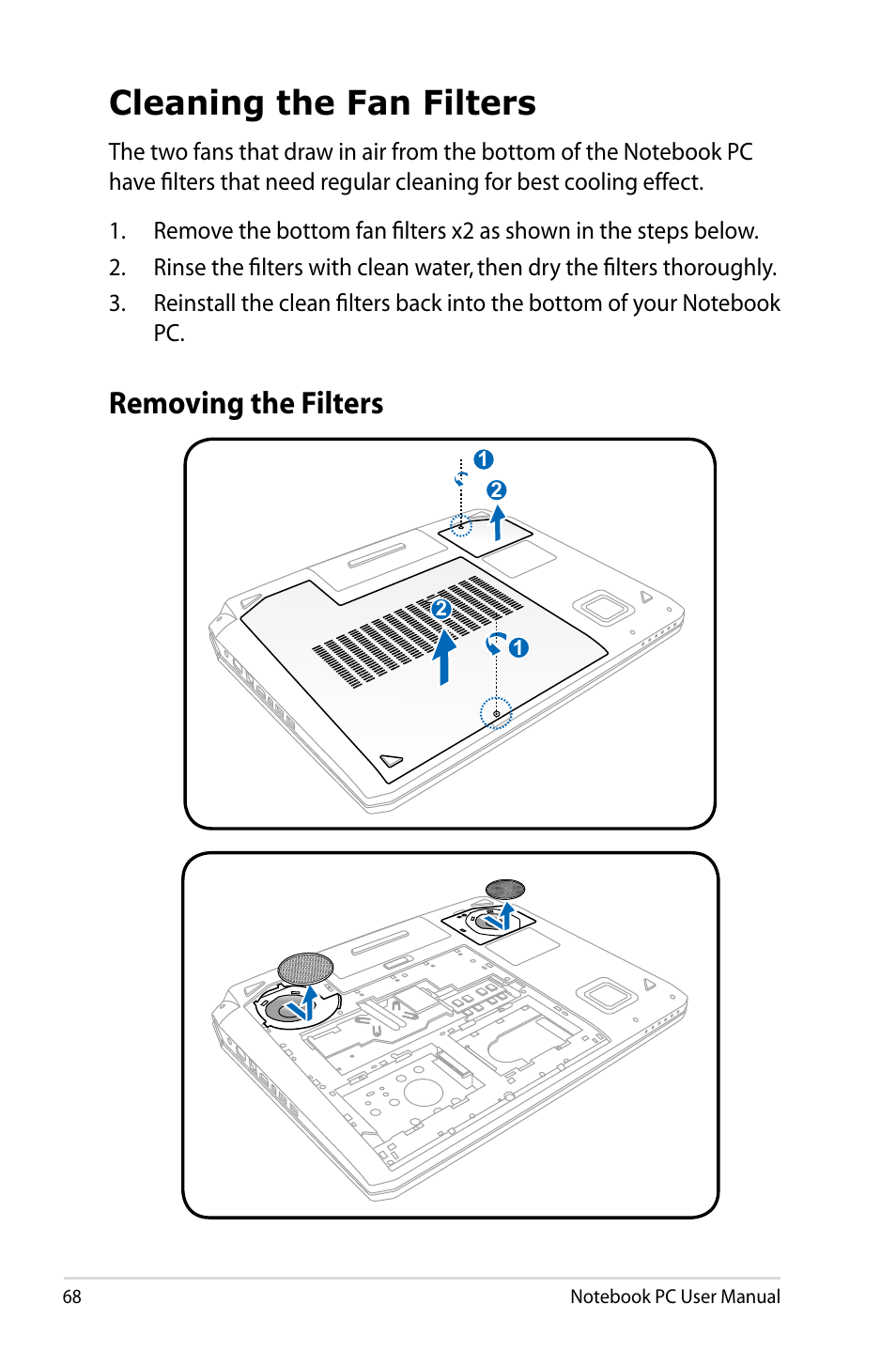 Cleaning the fan filters, Removing the filters | Asus G75VX User Manual | Page 68 / 126