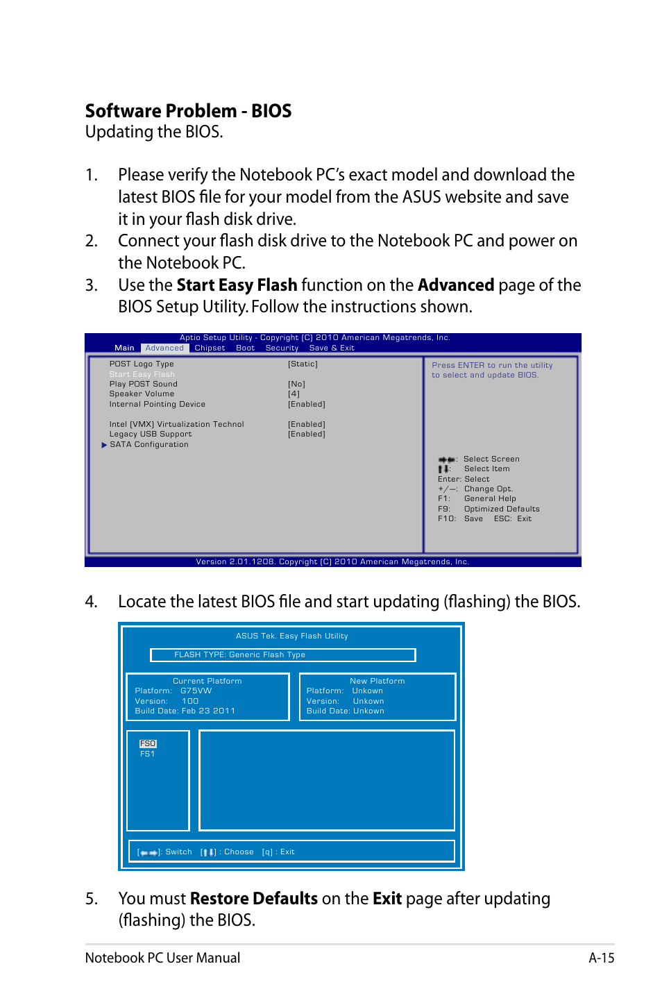 Software problem - bios | Asus G75VX User Manual | Page 93 / 126