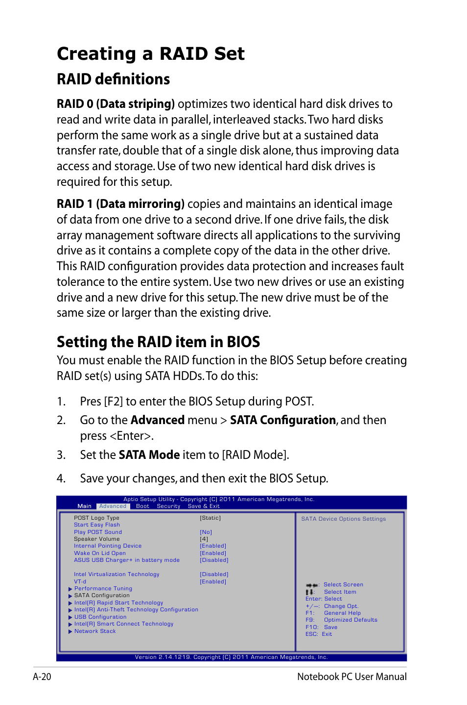 Creating a raid set, Raid definitions, Setting the raid item in bios | Asus G75VX User Manual | Page 98 / 126