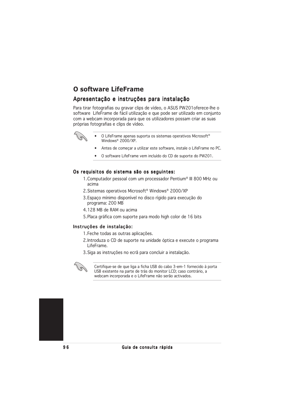 O software lifeframe, Português, Apresentação e instruções para instalação | Asus PW201 User Manual | Page 100 / 124