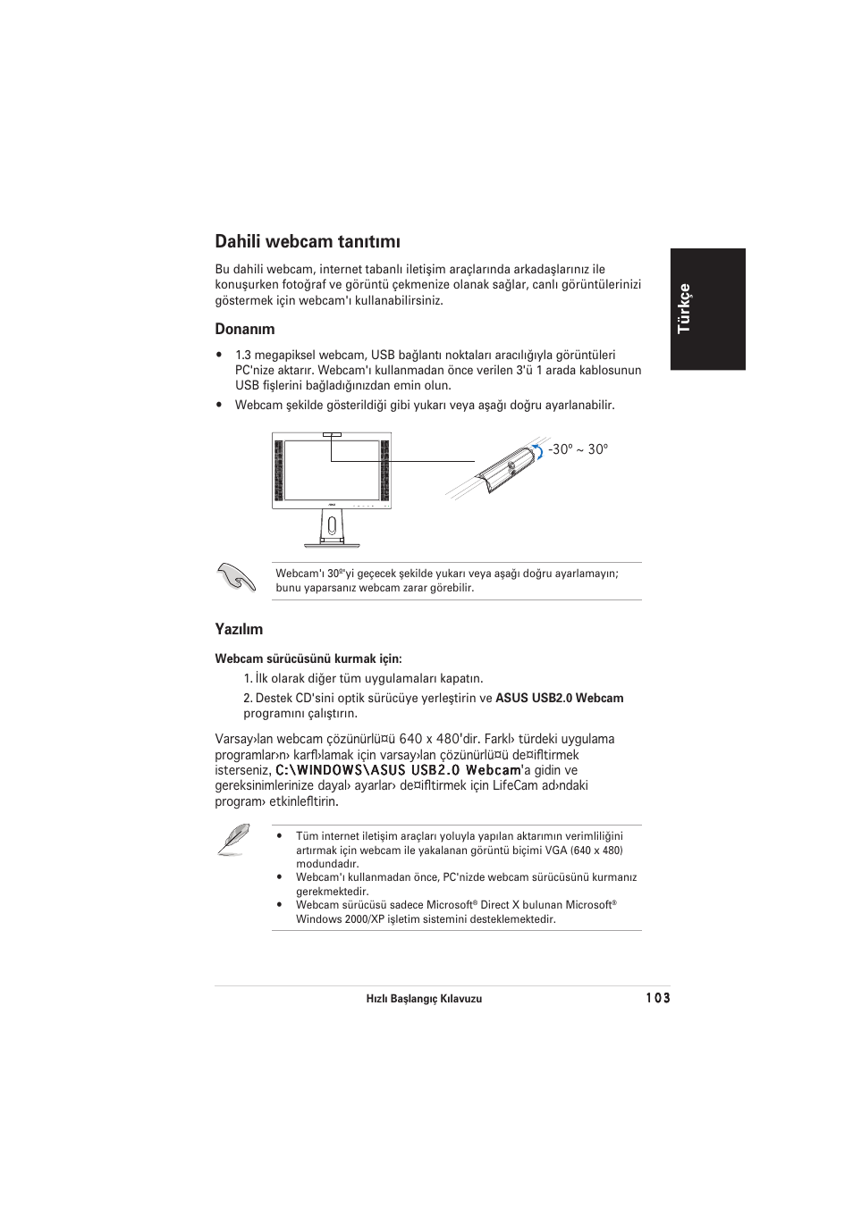 Dahili webcam tan›t›m, Türkçe, Donan›m | Yaz›l›m | Asus PW201 User Manual | Page 107 / 124