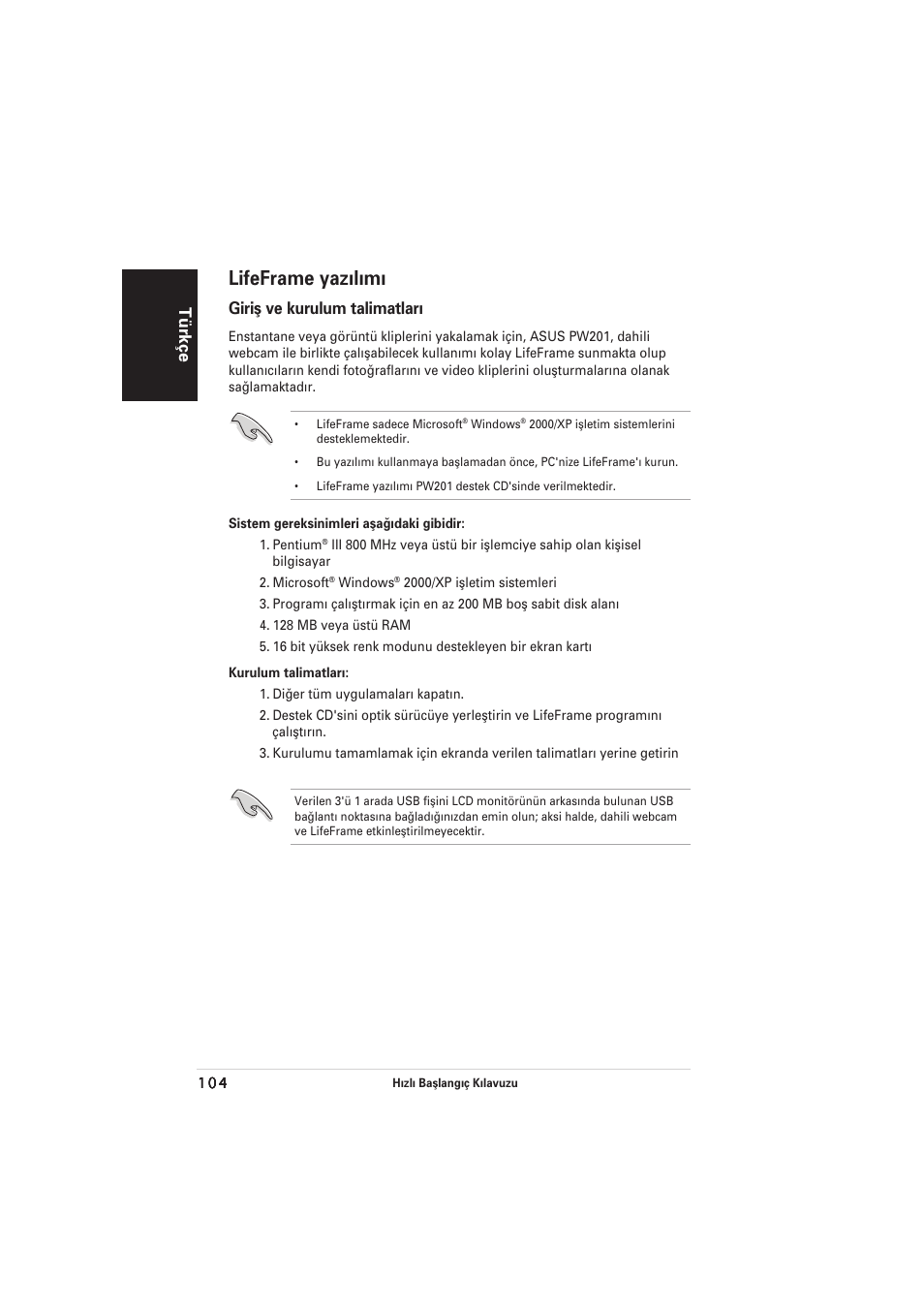 Lifeframe yaz›l›m, Türkçe, Giriﬂ ve kurulum talimatlar | Asus PW201 User Manual | Page 108 / 124