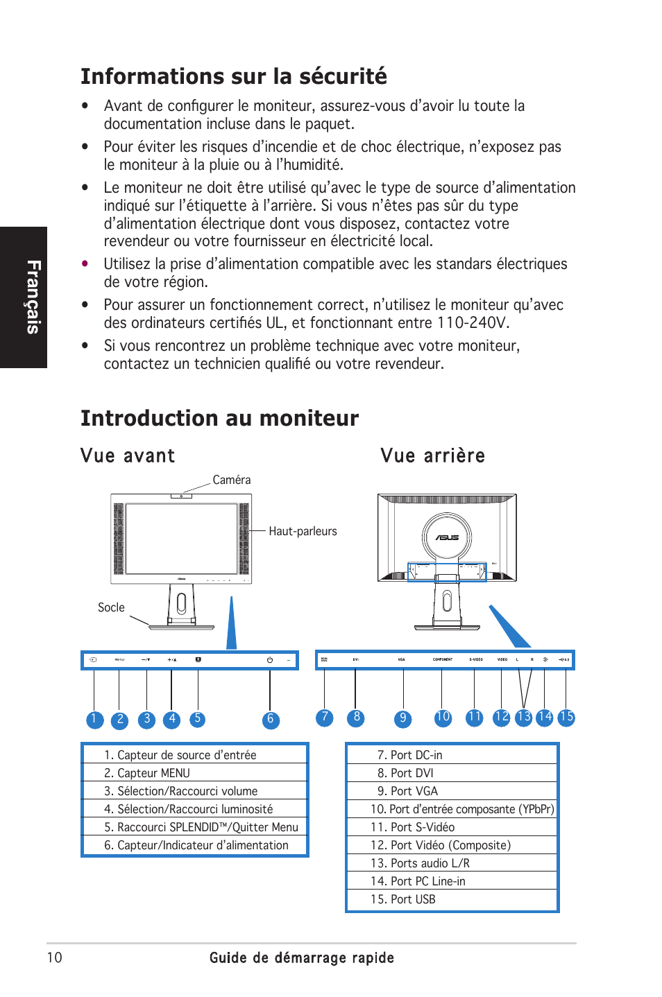 Informations sur la sécurité, Introduction au moniteur, Français | Vue avant vue arrière | Asus PW201 User Manual | Page 14 / 124