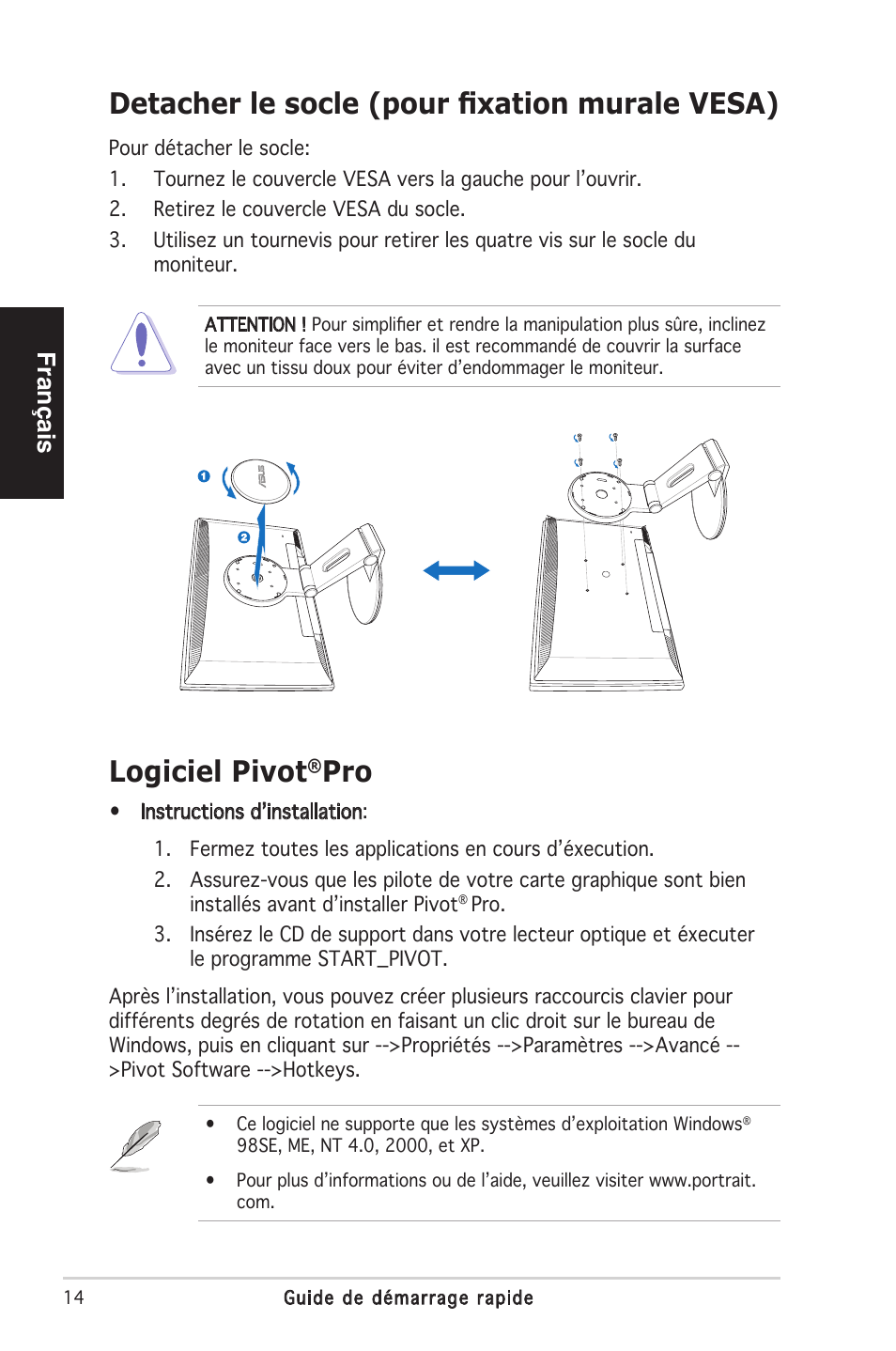 Detacher le socle (pour ﬁxation murale vesa), Logiciel pivot, Français | Asus PW201 User Manual | Page 18 / 124