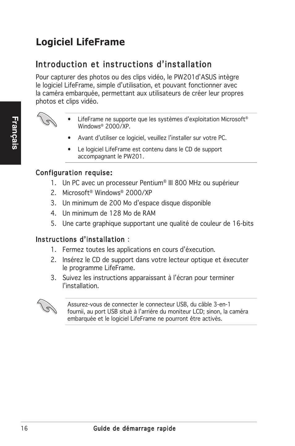 Logiciel lifeframe, Français, Introduction et instructions dʼinstallation | Asus PW201 User Manual | Page 20 / 124