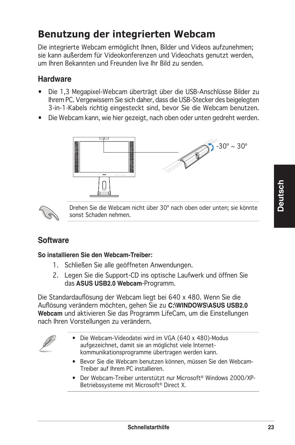 Benutzung der integrierten webcam, Deutsch, Hardware | Software | Asus PW201 User Manual | Page 27 / 124