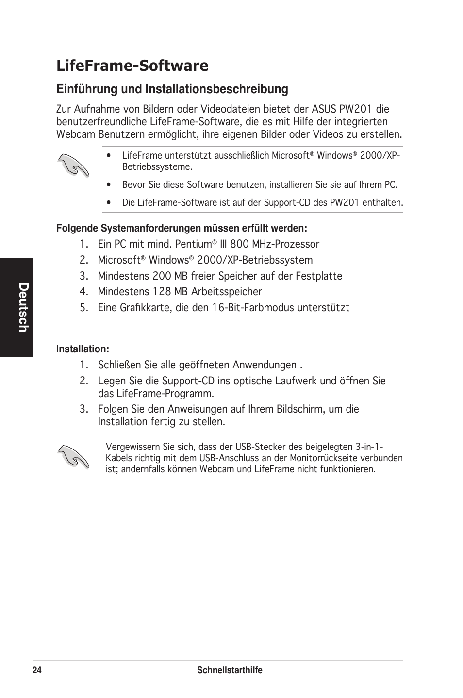 Lifeframe-software, Deutsc h, Einführung und installationsbeschreibung | Asus PW201 User Manual | Page 28 / 124