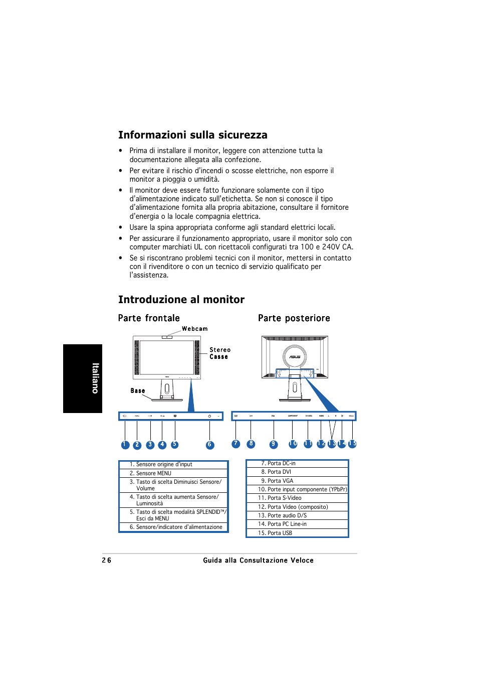 Informazioni sulla sicurezza, Introduzione al monitor, Italiano | Parte frontale | Asus PW201 User Manual | Page 30 / 124