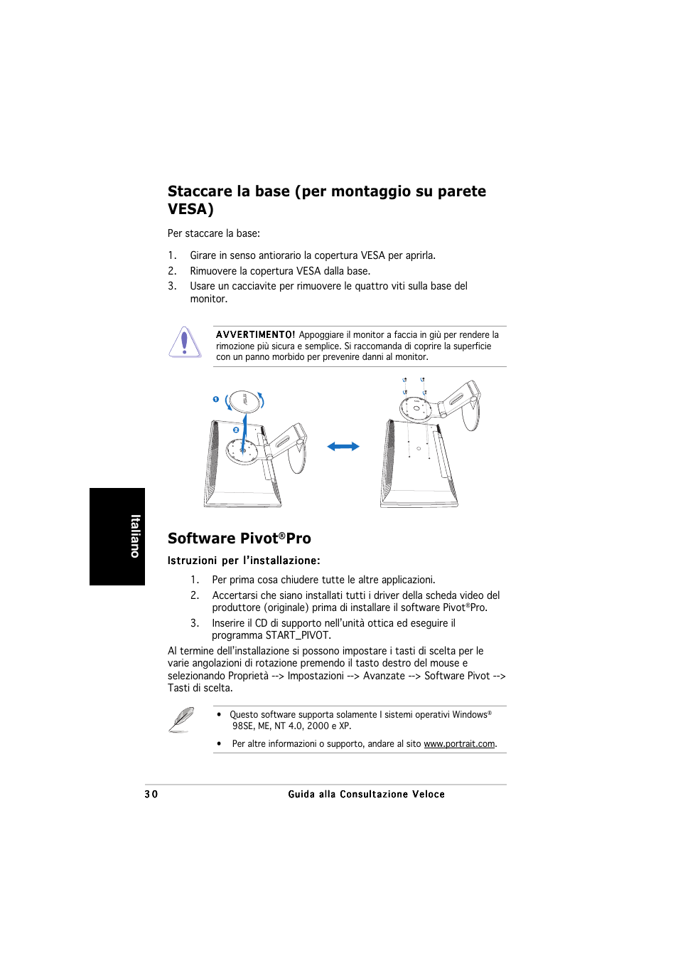 Staccare la base (per montaggio su parete vesa), Software pivot, Italiano | Asus PW201 User Manual | Page 34 / 124