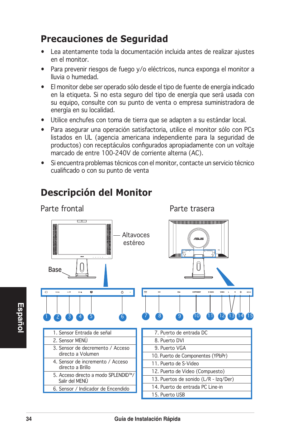 Precauciones de seguridad, Descripción del monitor, Español | Parte frontal parte trasera | Asus PW201 User Manual | Page 38 / 124