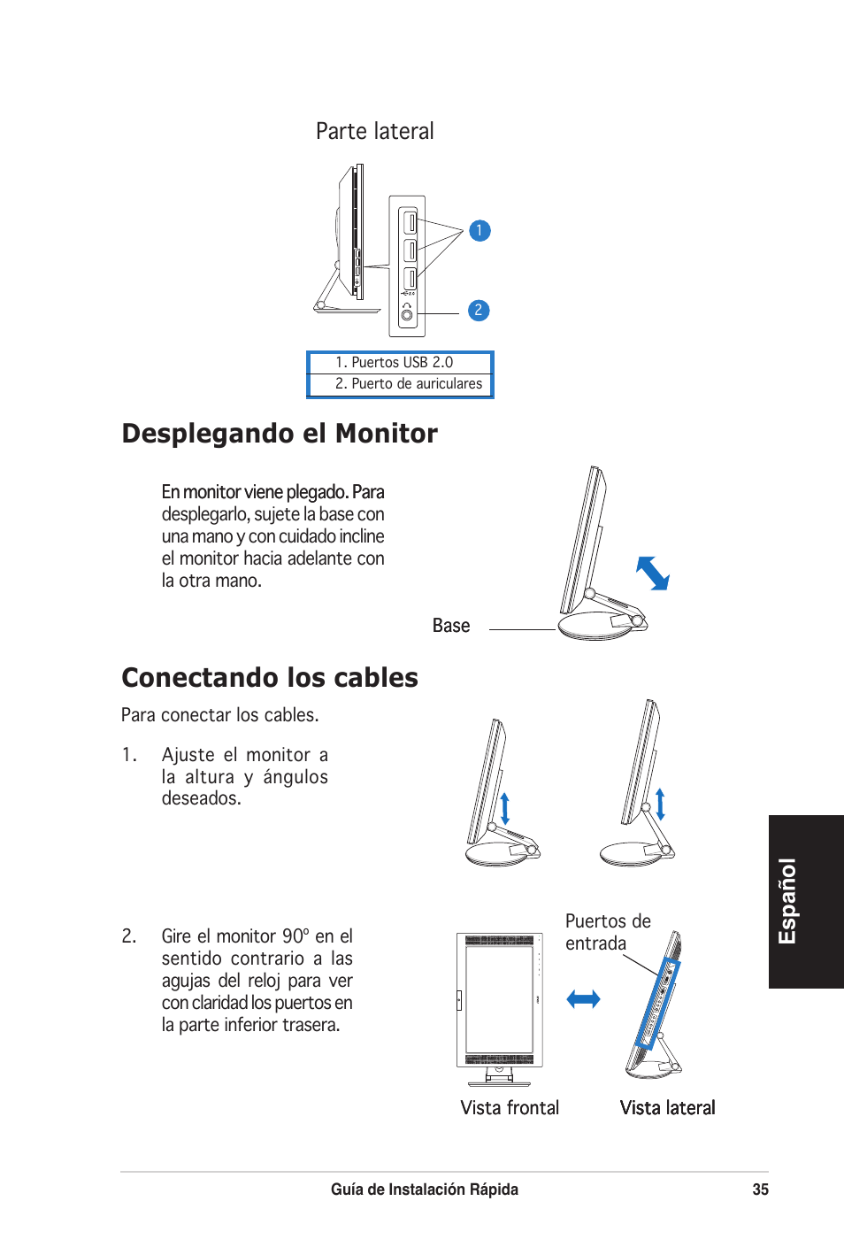 Desplegando el monitor, Conectando los cables | Asus PW201 User Manual | Page 39 / 124