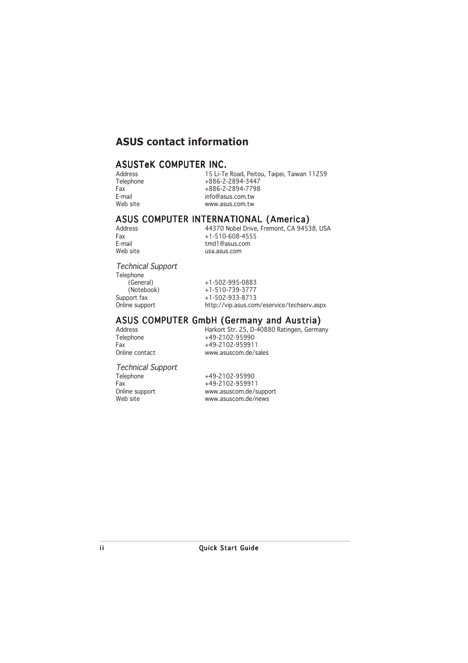 Asus contact information, Asustek computer inc, Asus computer international (america) | Asus computer gmbh (germany and austria) | Asus PW201 User Manual | Page 4 / 124