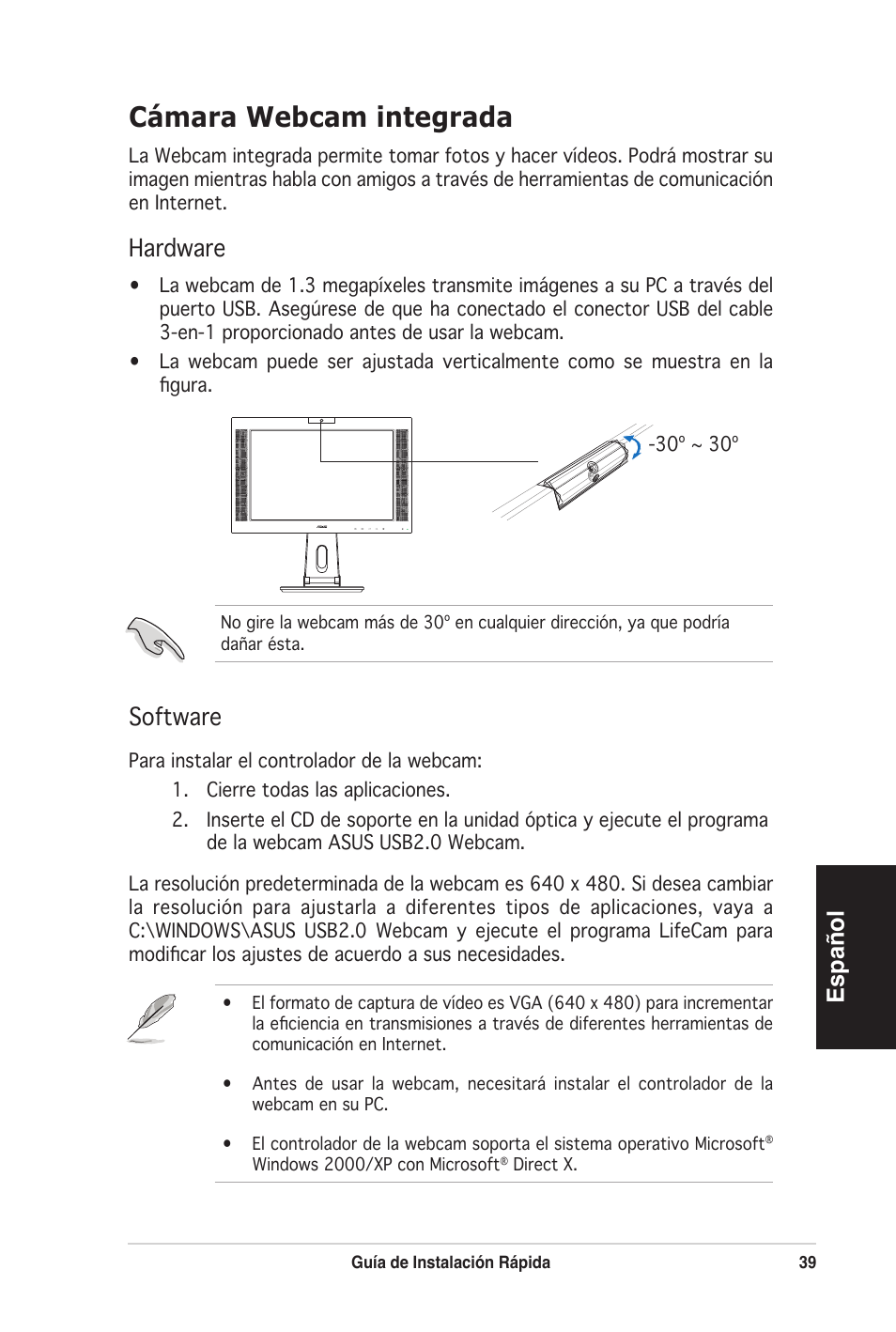 Cámara webcam integrada, Español, Hardware | Software | Asus PW201 User Manual | Page 43 / 124