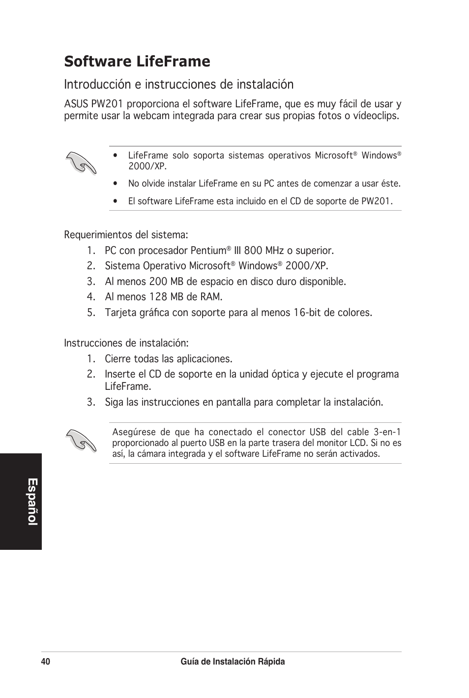 Software lifeframe, Español, Introducción e instrucciones de instalación | Asus PW201 User Manual | Page 44 / 124