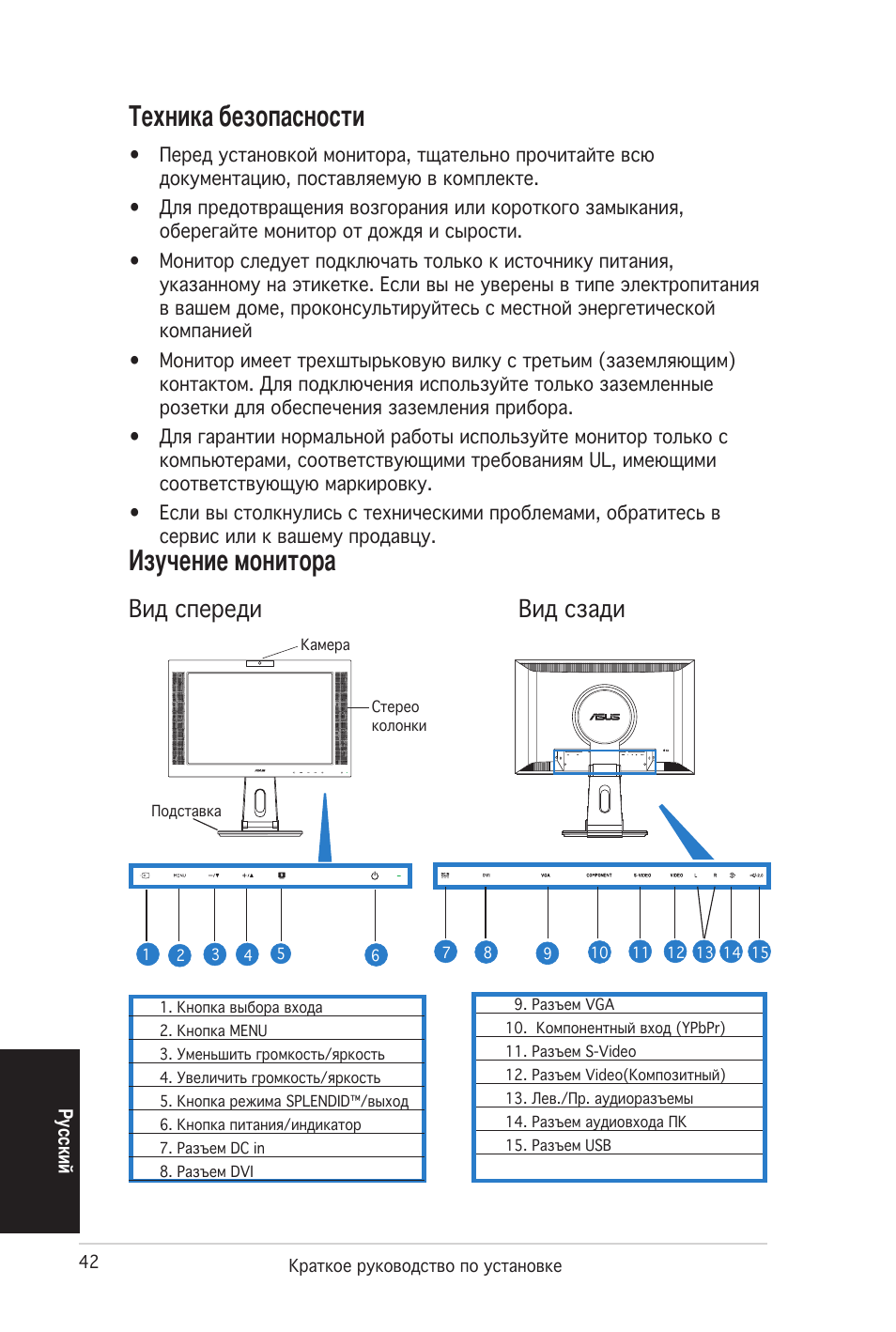 Техника безопасности, Изучение монитора, Вид спереди вид сзади | Asus PW201 User Manual | Page 46 / 124