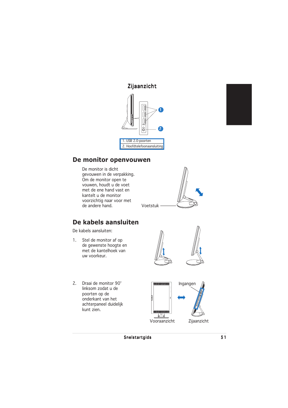 De monitor openvouwen, De kabels aansluiten, Nederlands | Zijaanzicht | Asus PW201 User Manual | Page 55 / 124