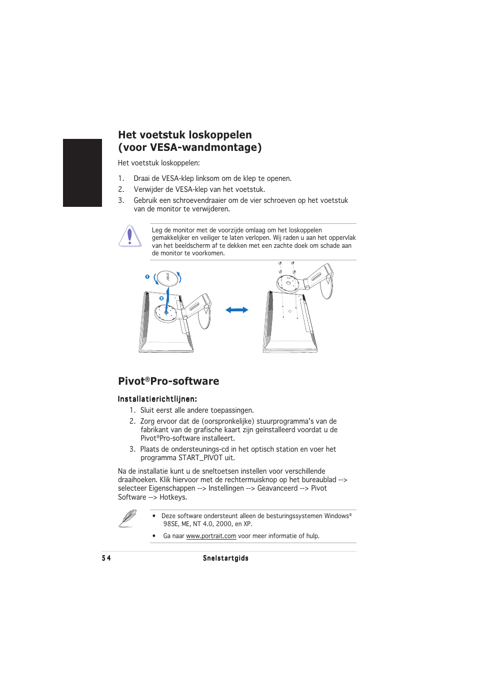 Pivot, Pro-software, Het voetstuk loskoppelen (voor vesa-wandmontage) | Nederlands | Asus PW201 User Manual | Page 58 / 124