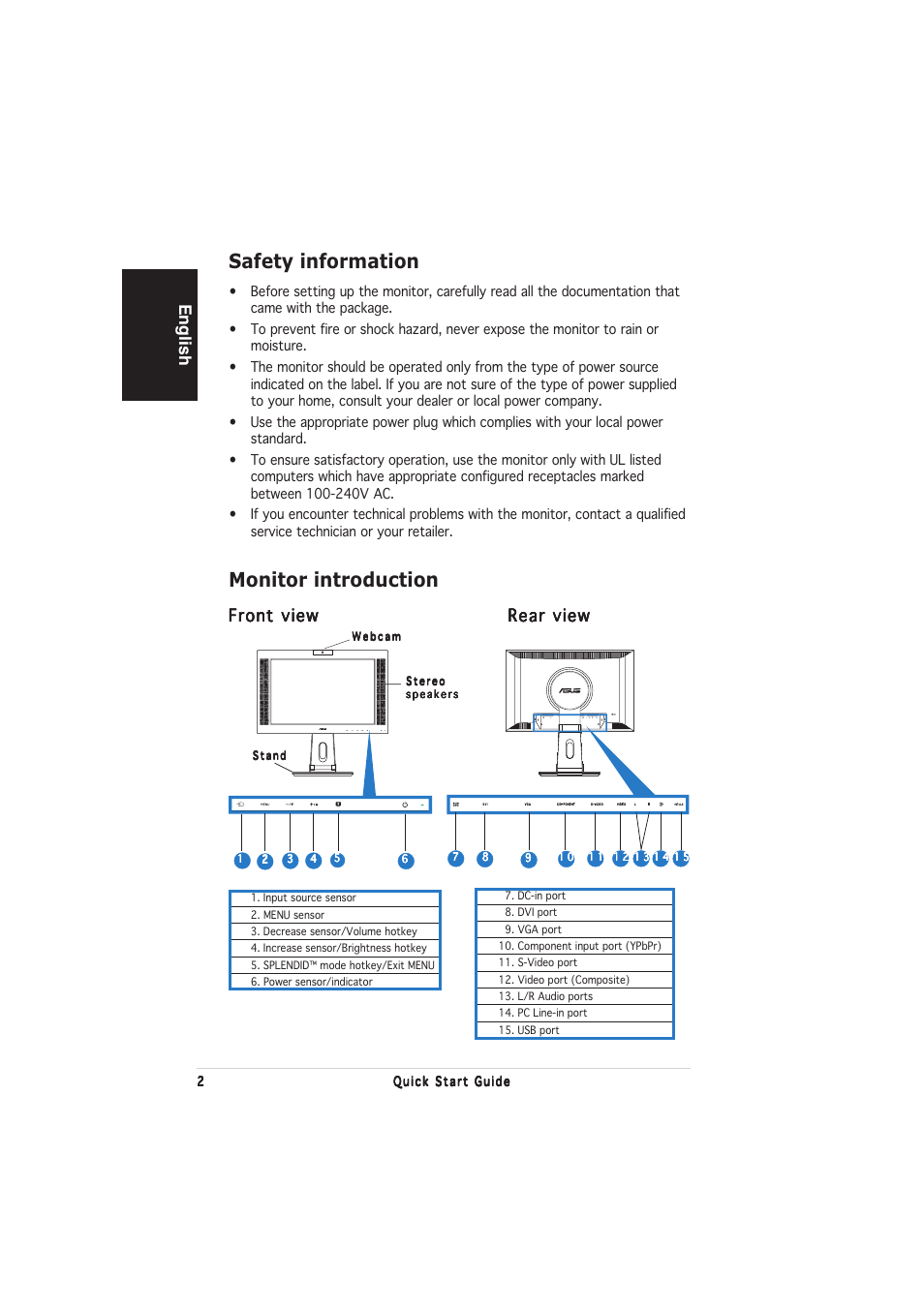 Safety information, Monitor introduction, English | Front view | Asus PW201 User Manual | Page 6 / 124