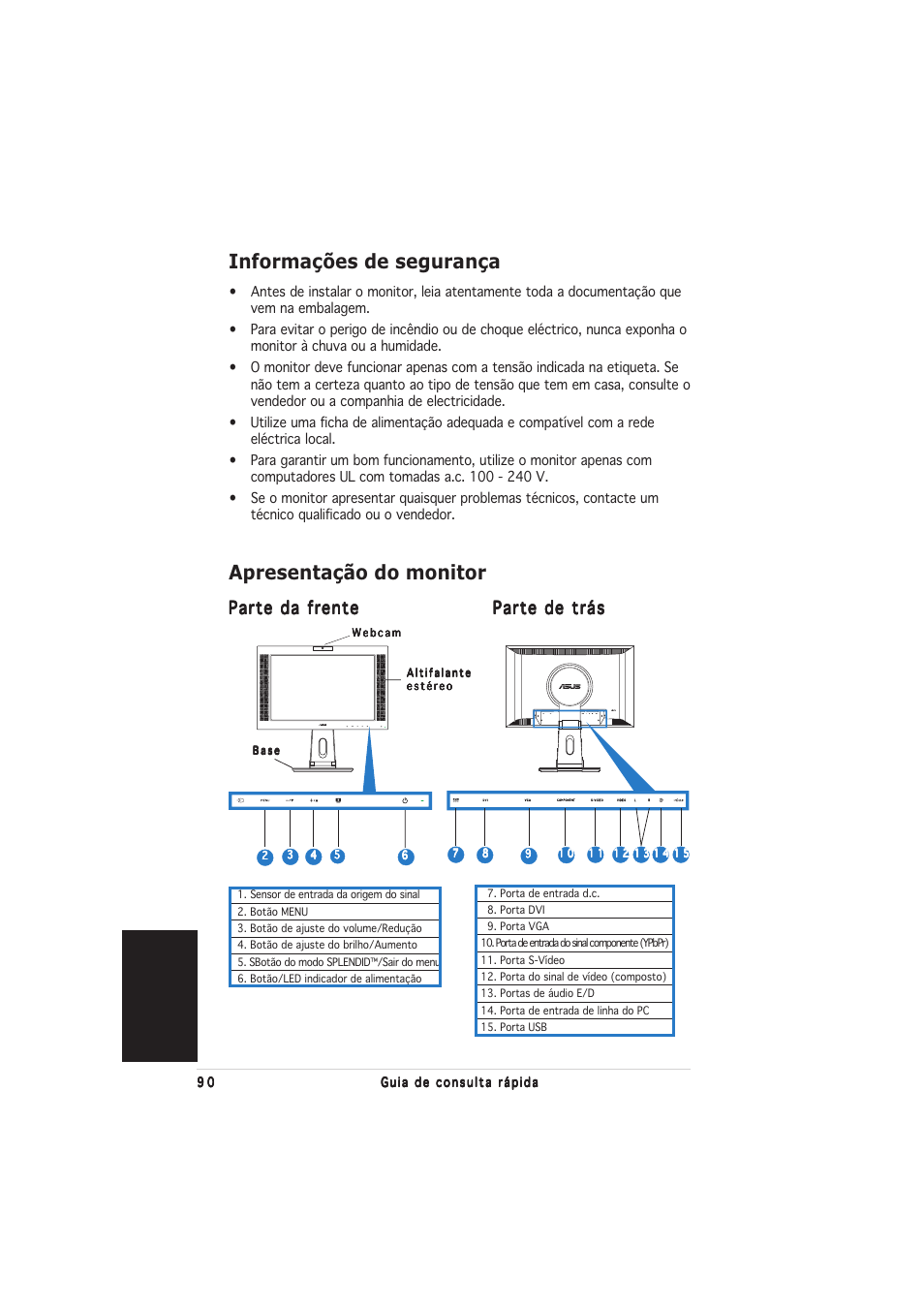 Informações de segurança, Apresentação do monitor, Português | Parte da frente | Asus PW201 User Manual | Page 94 / 124