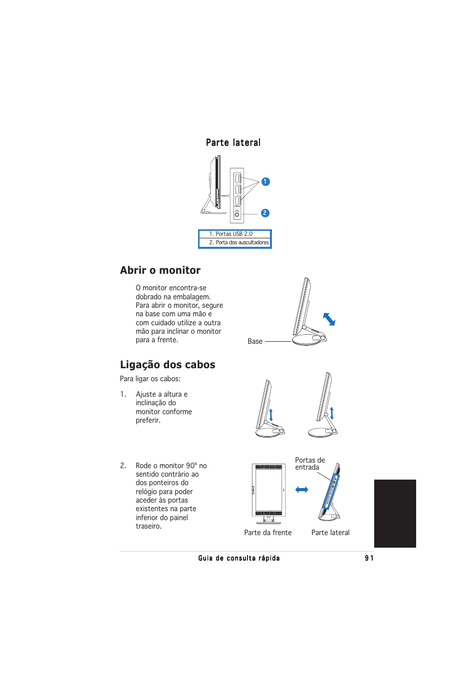 Abrir o monitor, Ligação dos cabos, Português | Parte lateral | Asus PW201 User Manual | Page 95 / 124