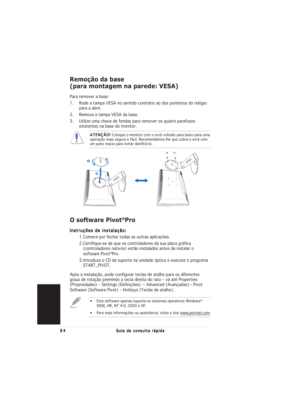 Remoção da base (para montagem na parede: vesa), O software pivot, Português | Asus PW201 User Manual | Page 98 / 124