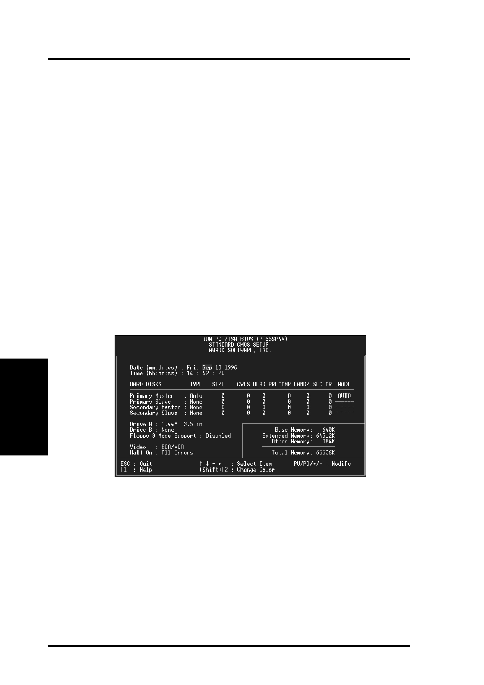 Iv. bios software, Standard cmos setup | Asus P/I-P55SP4V User Manual | Page 36 / 96