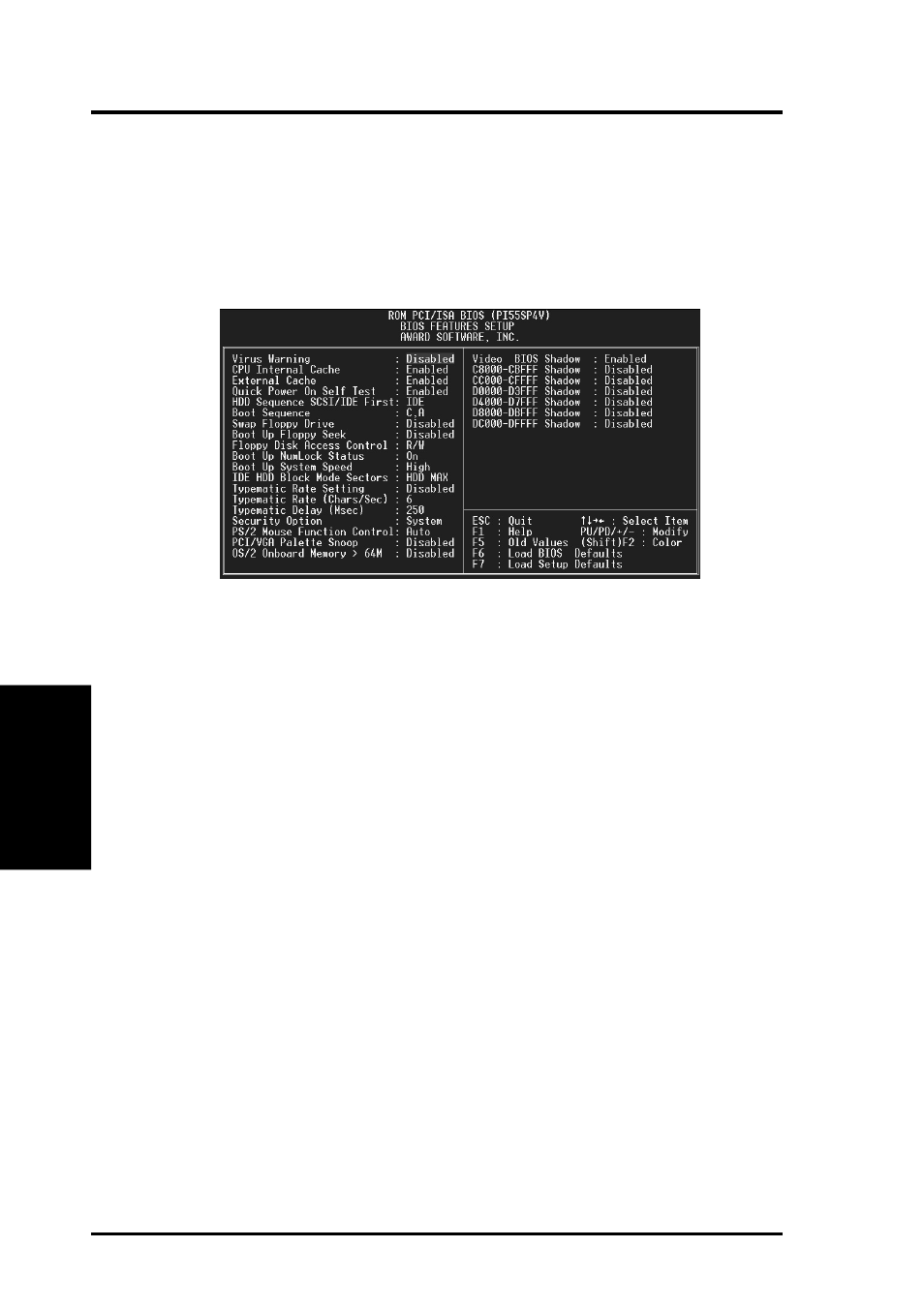 Iv. bios software, Bios features setup | Asus P/I-P55SP4V User Manual | Page 40 / 96