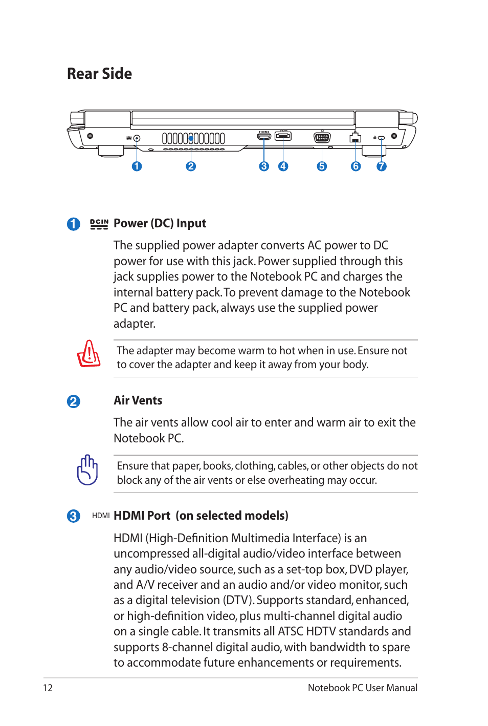 Rear side | Asus G72gx User Manual | Page 12 / 28