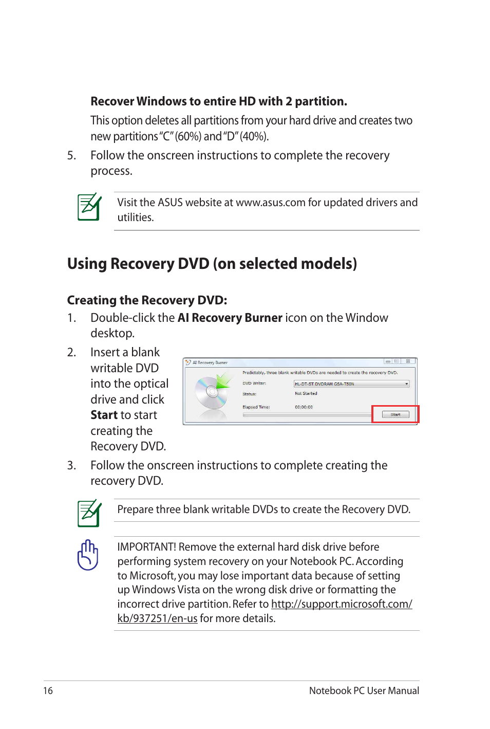 Using recovery dvd (on selected models) | Asus G72gx User Manual | Page 16 / 28