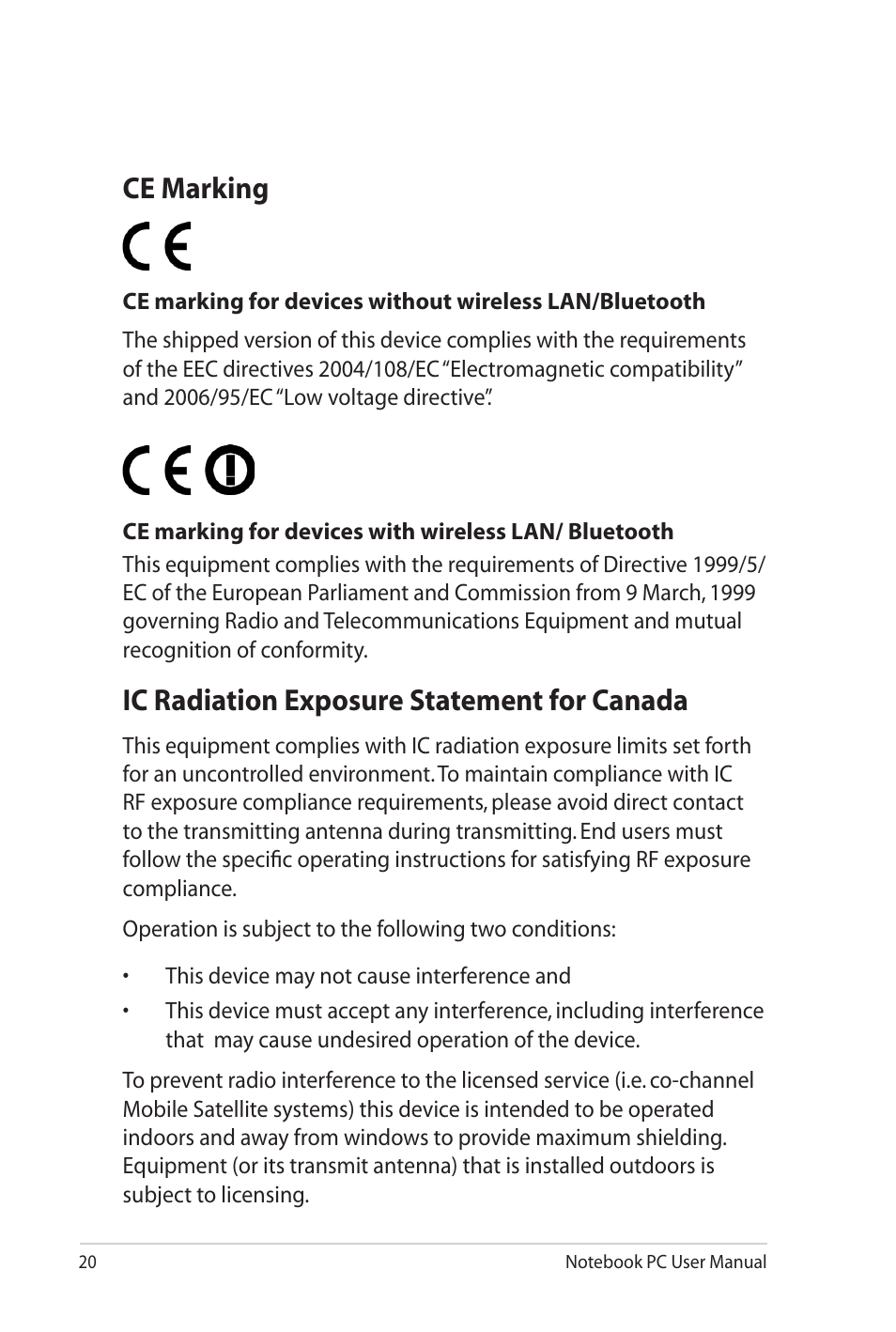 Ce mark warning, Ic radiation exposure statement for canada, Ce marking | Asus G72gx User Manual | Page 20 / 28