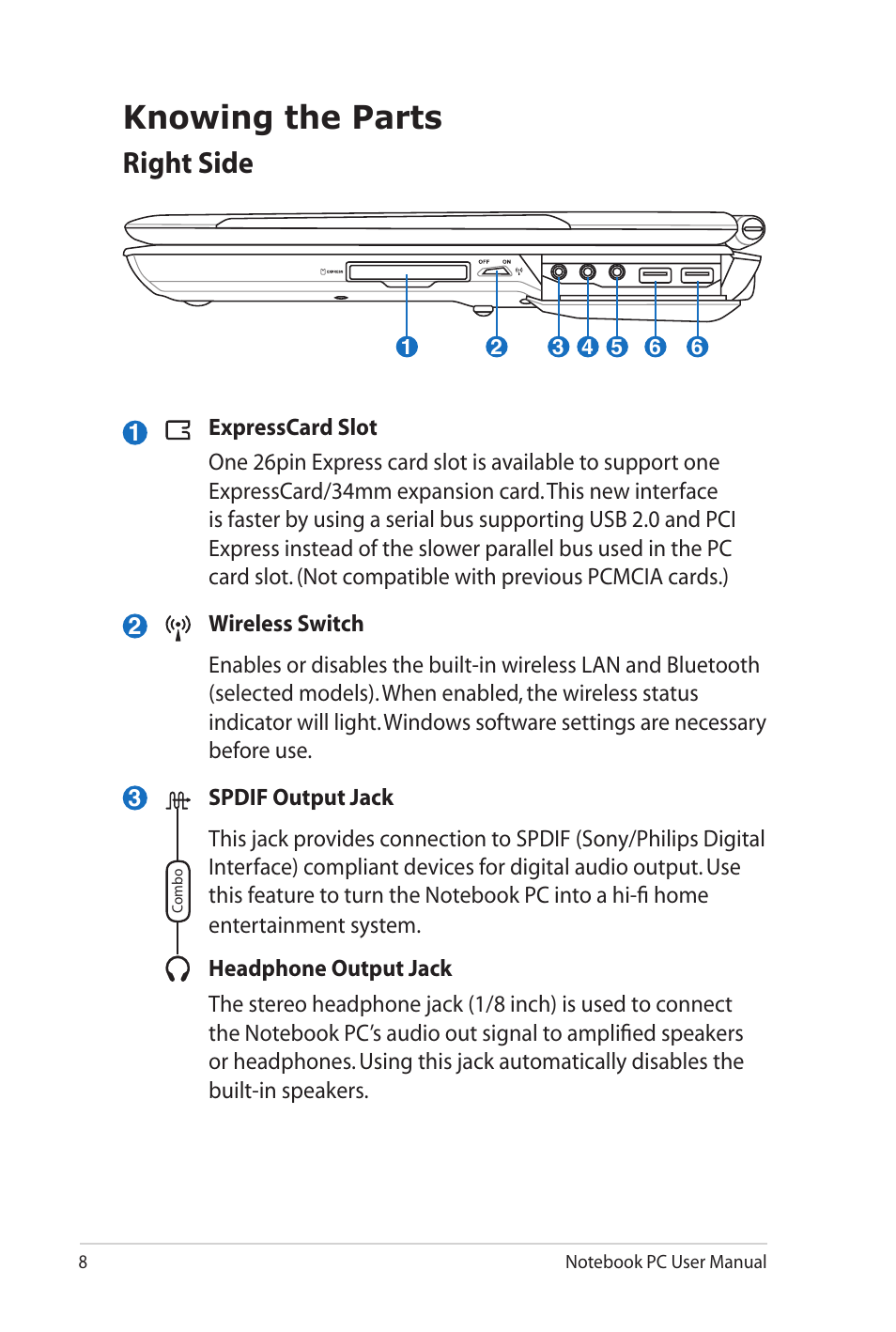 Knowing the parts, Right side | Asus G72gx User Manual | Page 8 / 28