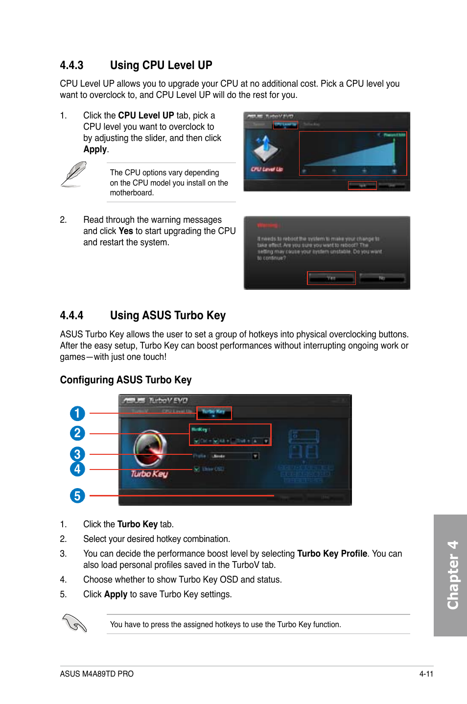 Chapter 4, 3 using cpu level up, 4 using asus turbo key | Asus M4A89TD PRO/USB3 User Manual | Page 105 / 120