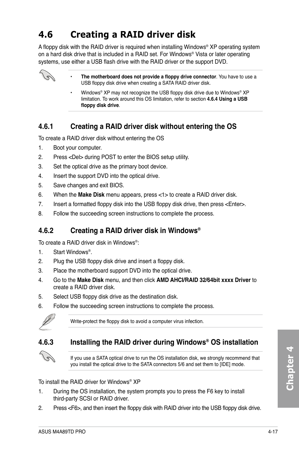 Chapter 4 4.6 creating a raid driver disk, 2 creating a raid driver disk in windows, 3 installing the raid driver during windows | Os installation | Asus M4A89TD PRO/USB3 User Manual | Page 111 / 120