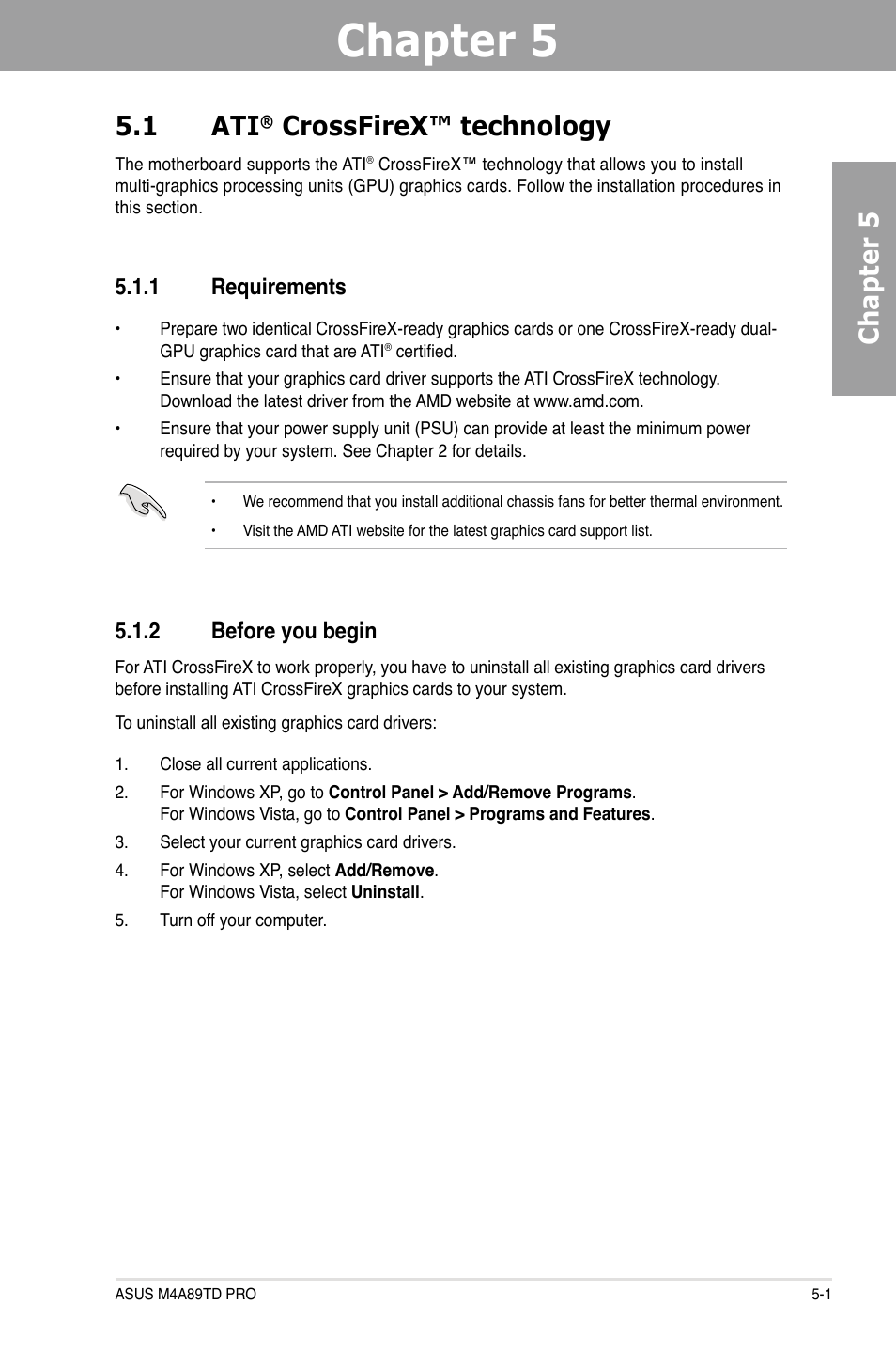 Chapter 5, 1 ati, Crossfirex™ technology | 2 before you begin, 1 requirements | Asus M4A89TD PRO/USB3 User Manual | Page 115 / 120