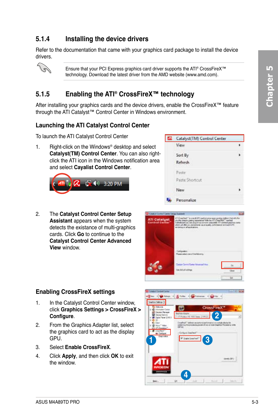 Chapter 5, 4 installing the device drivers, 5 enabling the ati | Crossfirex™ technology | Asus M4A89TD PRO/USB3 User Manual | Page 117 / 120