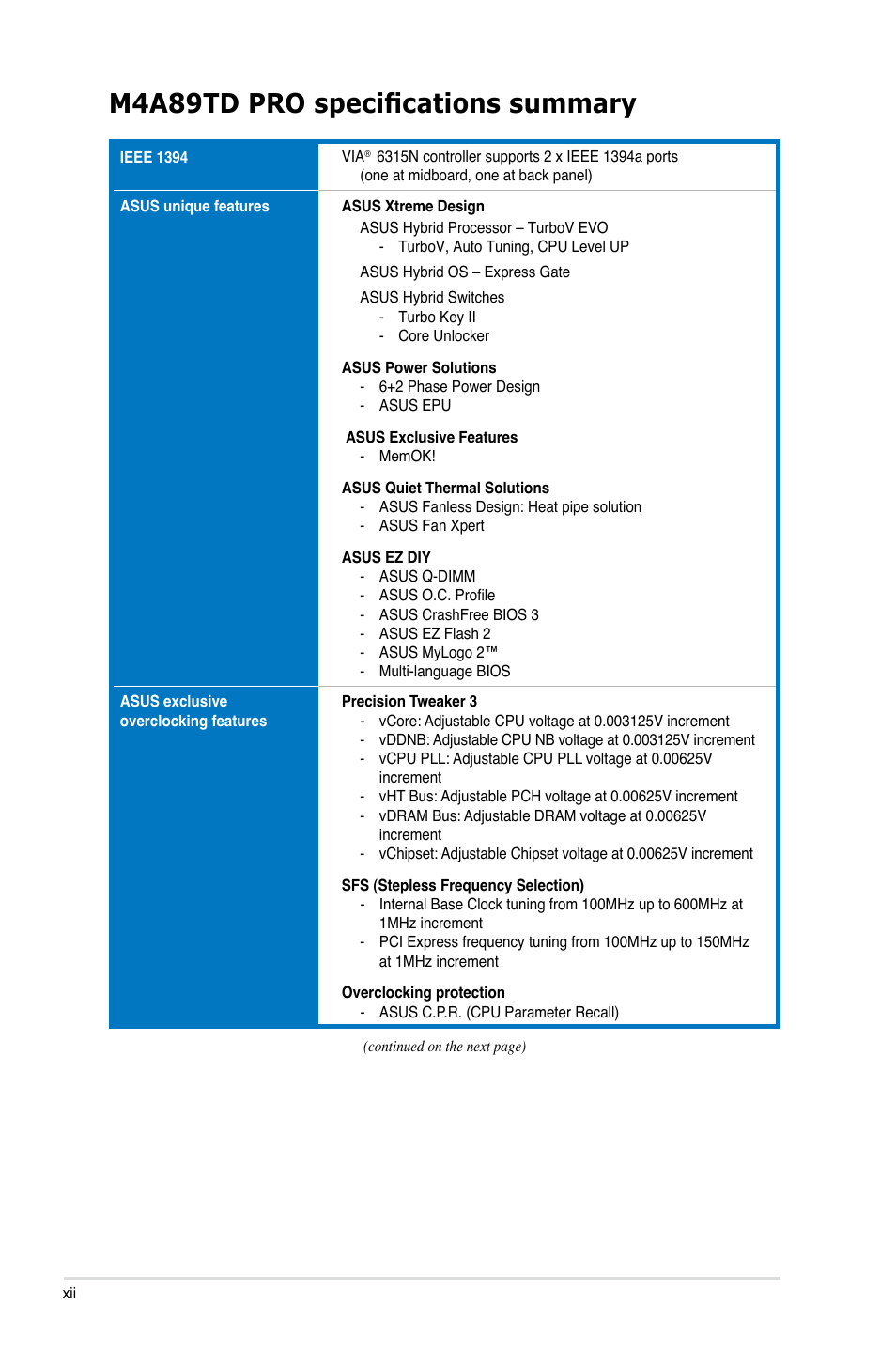 M4a89td pro specifications summary | Asus M4A89TD PRO/USB3 User Manual | Page 12 / 120