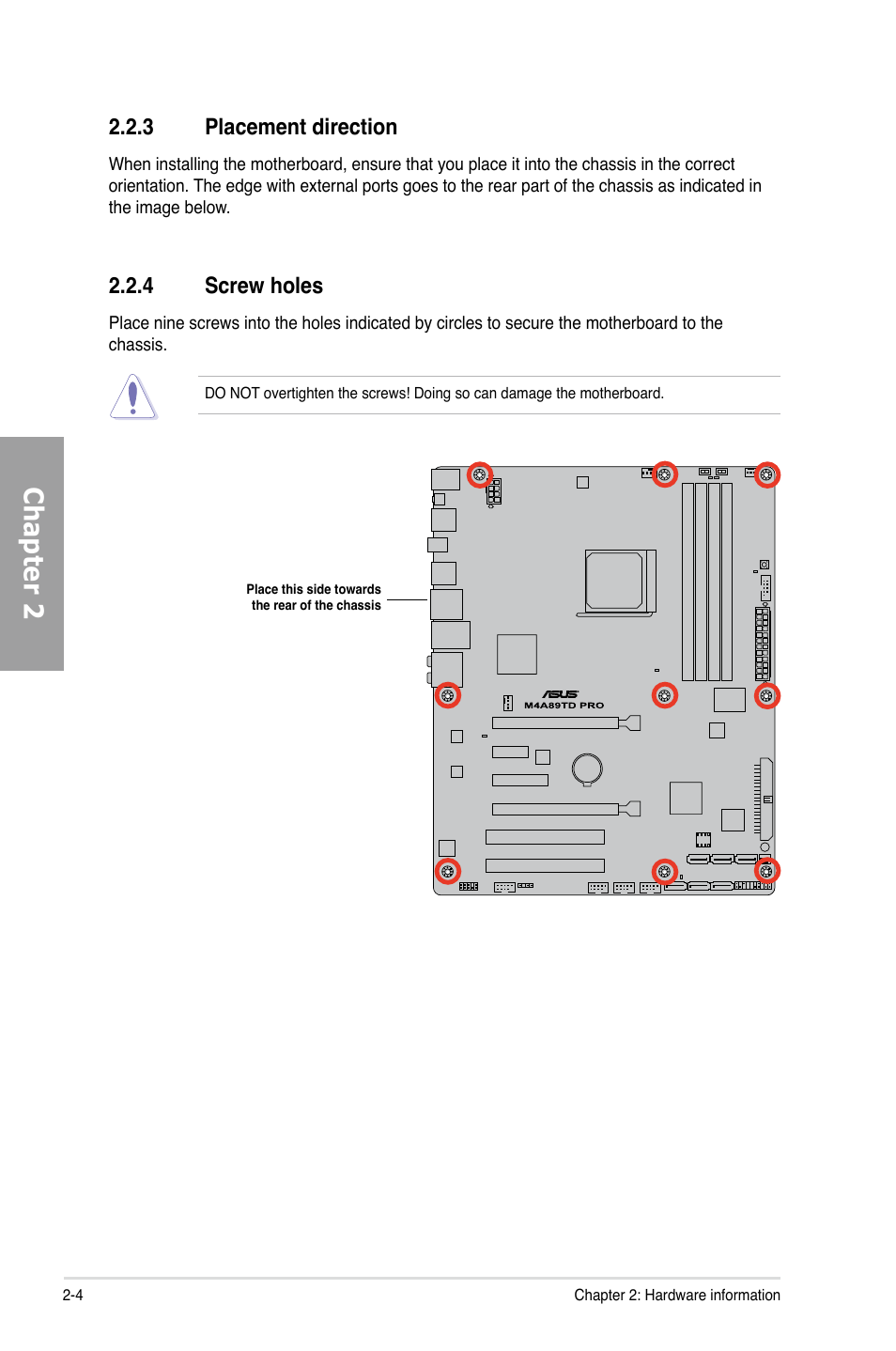 Chapter 2, 3 placement direction, 4 screw holes | Asus M4A89TD PRO/USB3 User Manual | Page 22 / 120