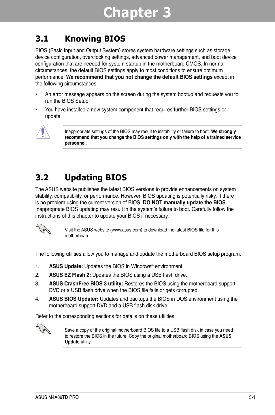 Chapter 3, Chapter 3 3.1 knowing bios, 2 updating bios | Asus M4A89TD PRO/USB3 User Manual | Page 57 / 120